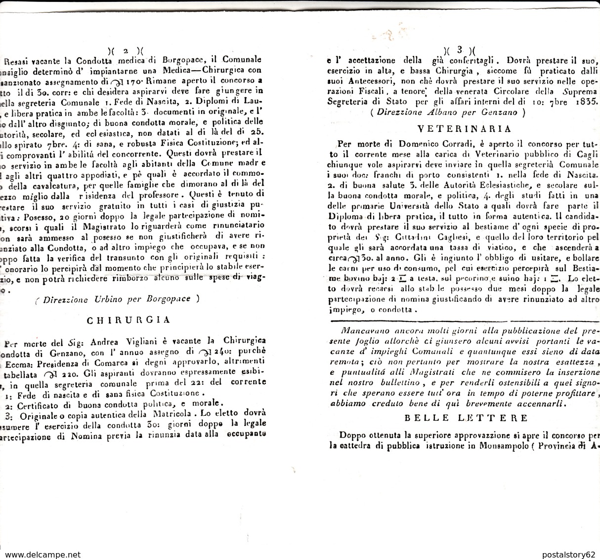 Bollettino Settimanale Delle Vacanze E Rimpiazzi Degli Impieghi Comunali. Anno 1 Num.1  Perugia 05 Ottobre 1839 - Premières éditions