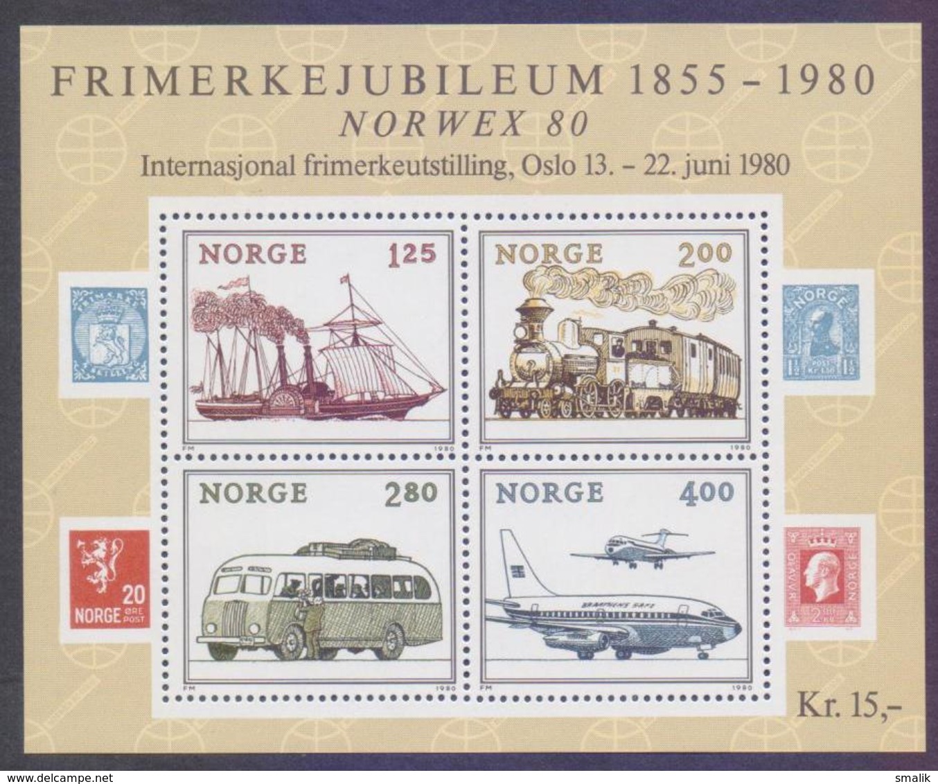 NORWAY NORGE 1980 - NORWEX 80 Stamp Exhibition, Transport Train Ship Aeroplane, Miniature Sheet MNH - Blocs-feuillets