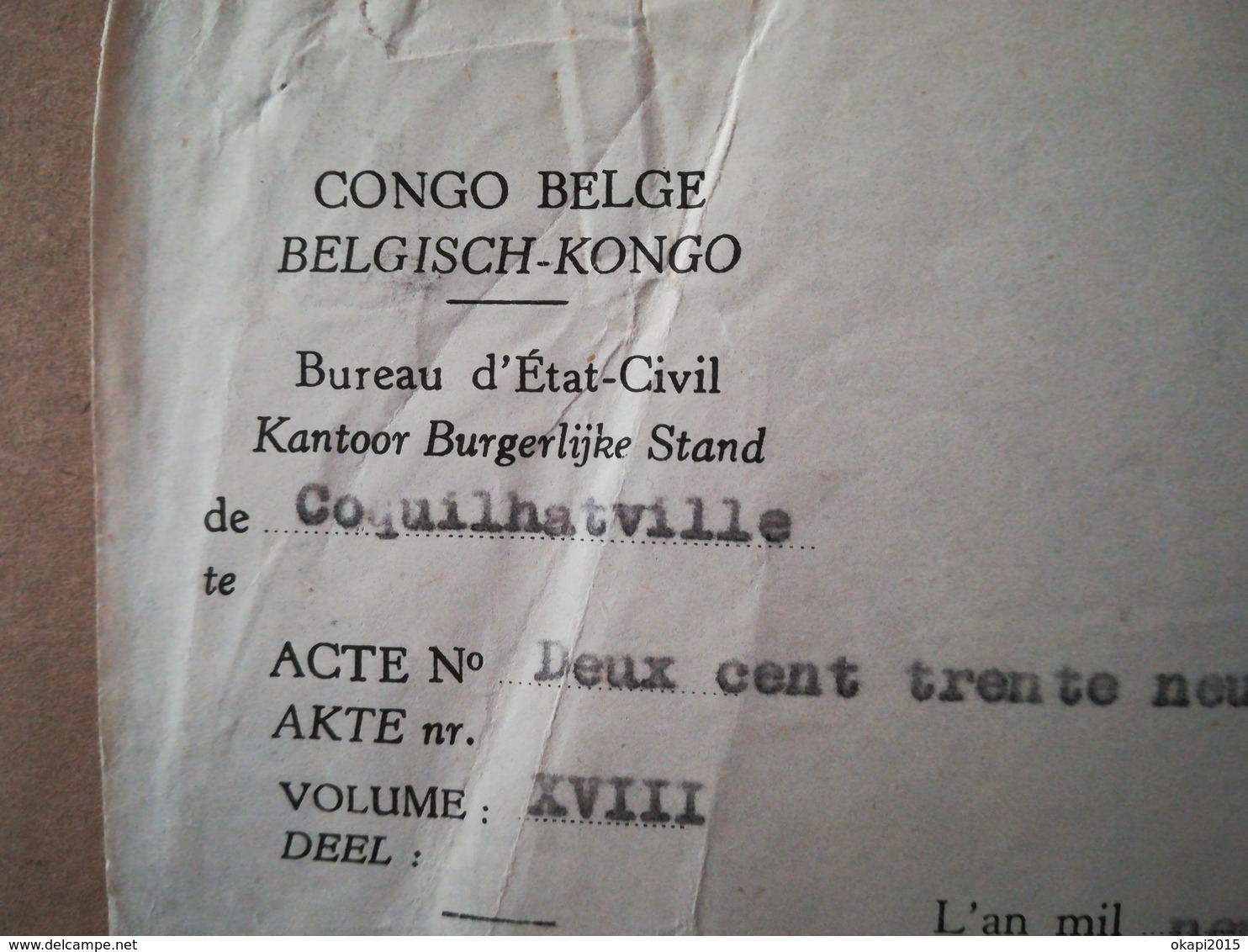 EXTRAIT D ACTE DE NAISSANCE DU CONGO -  BELGE COLONIE BELGIQUE DÉLIVRÉ À COQUILTHAVILLE EN 1955 - Documenti Storici