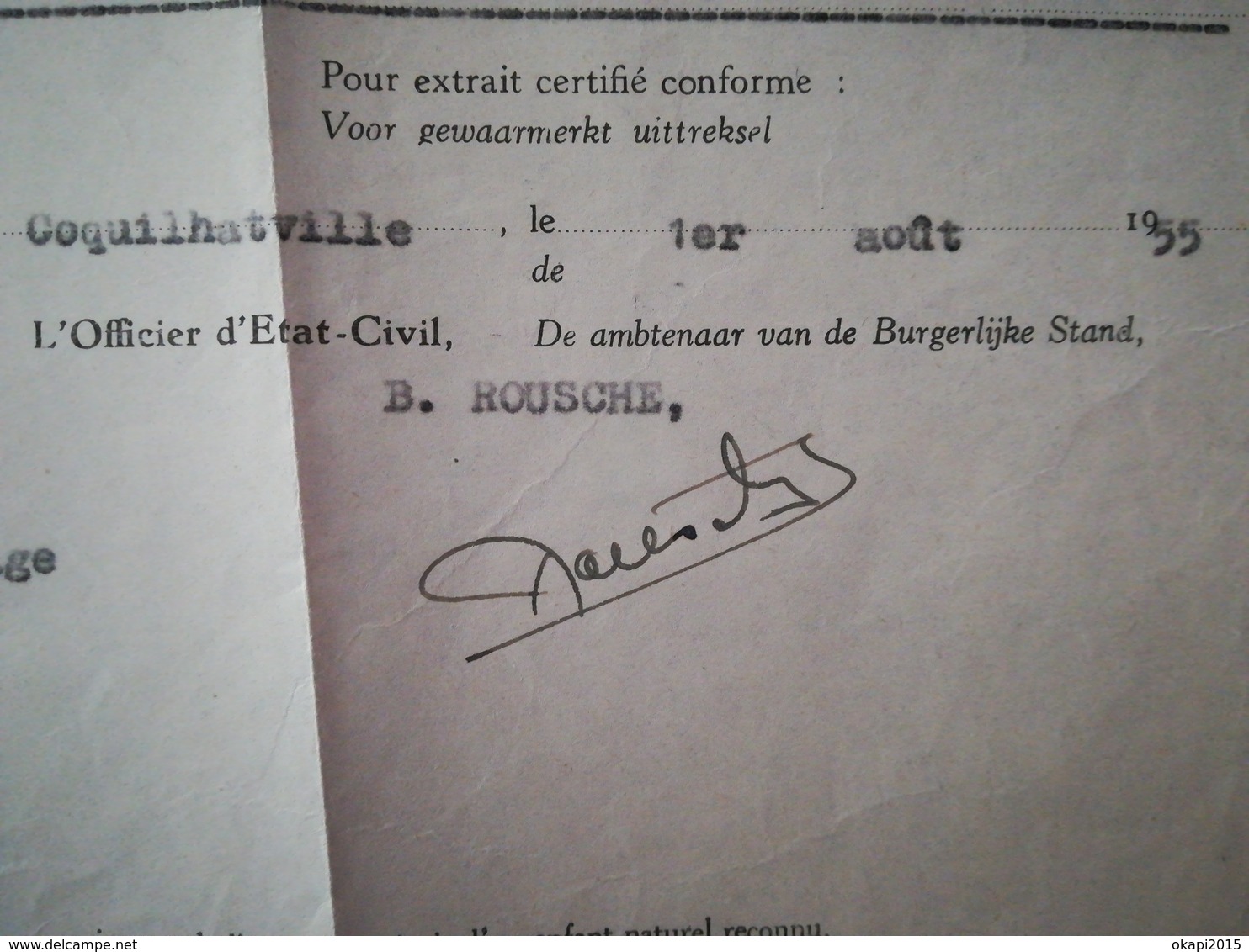 EXTRAIT D ACTE DE NAISSANCE DU CONGO -  BELGE COLONIE BELGIQUE DÉLIVRÉ À COQUILTHAVILLE EN 1955 - Documents Historiques