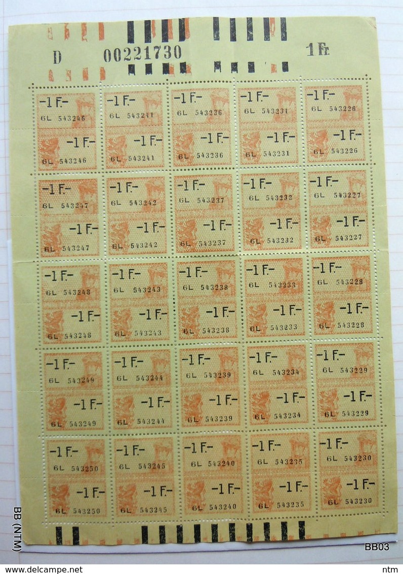 BELGIUM Complete Sheet Of 25 Stamps: Tax, Revenue - Fiscal Stamps Of 1 Belgian Franc. MNH - Francobolli