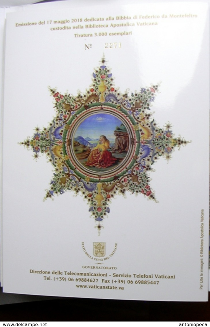 VATICANO 2018, FOLDER "LA BIBBIA DI FEDERICO DA MONTEFELTRO" 4 NEW TELEPHONE CARDS