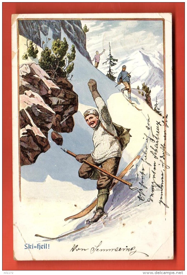 GCE-03  Litho Alpinistes Dans Une Descente à Skis. Ski=Heil. Circulé En 1906. Attention : Trous De Punaises !!! - Alpinismo