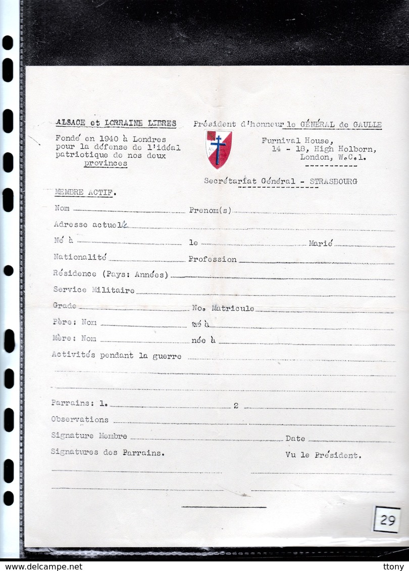 Un Formulaire Pour être Membre Actif  Alsace Et Lorraine Libres  Fondé En 1940 à Londres - Documenti Storici