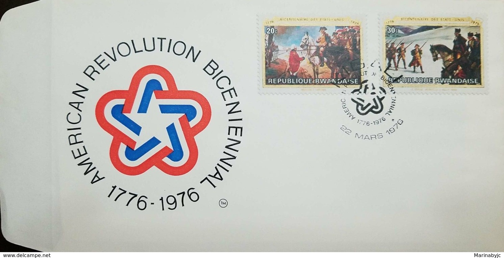 L) 1976 RWANDA, BICENTENARY OF THE UNITED STATES, HORSE, BATLE, AMERICAN REVOLUTION BICENIENNAL 1776-1976, FDC - 1970-1979