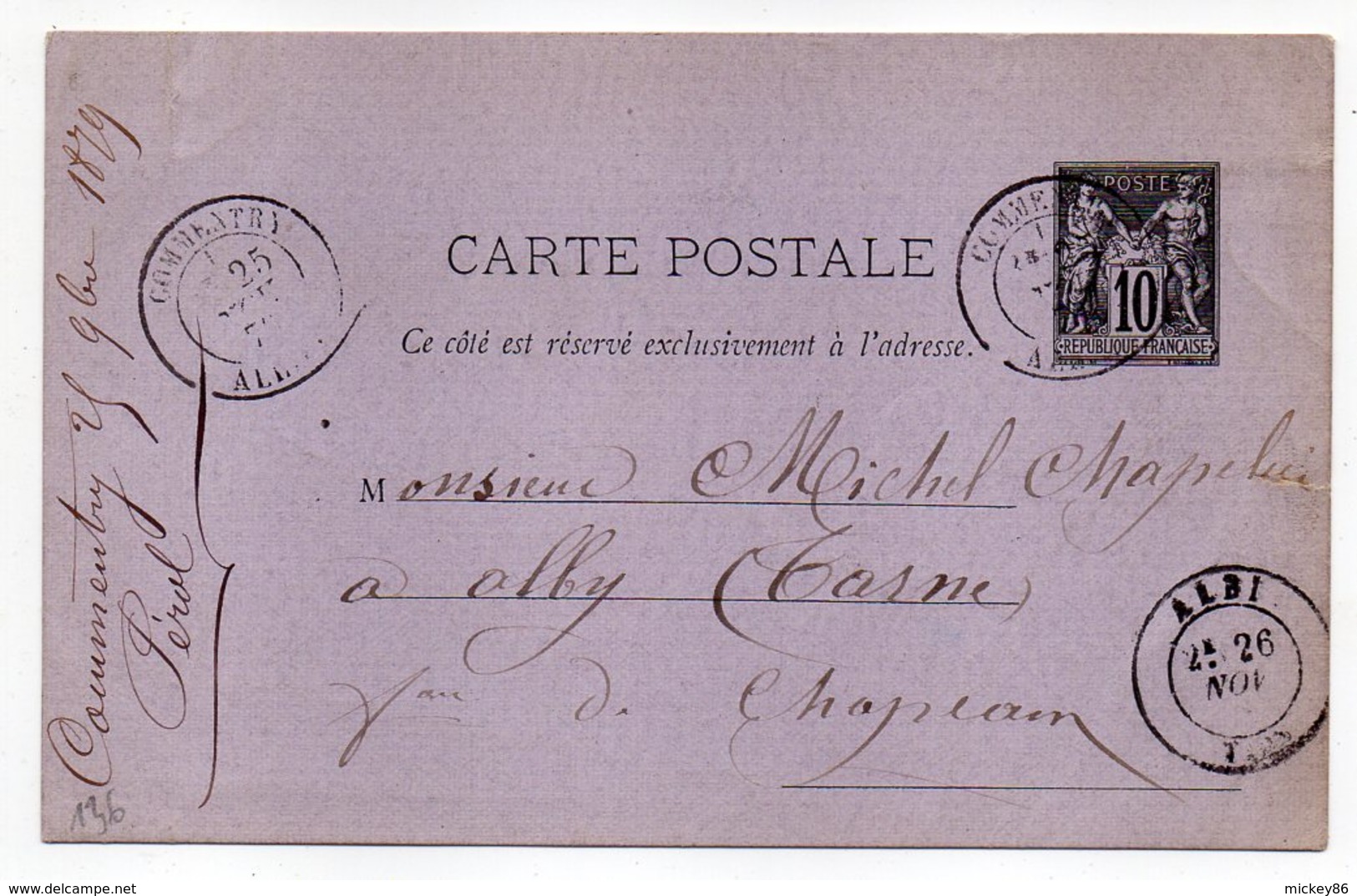 1879--entier Carte Postale  SAGE 10c Noir- Cachets COMMENTRY--Allier -ambulant "Paris à Toulouse"  ALBI-Tarn - Standaardpostkaarten En TSC (Voor 1995)