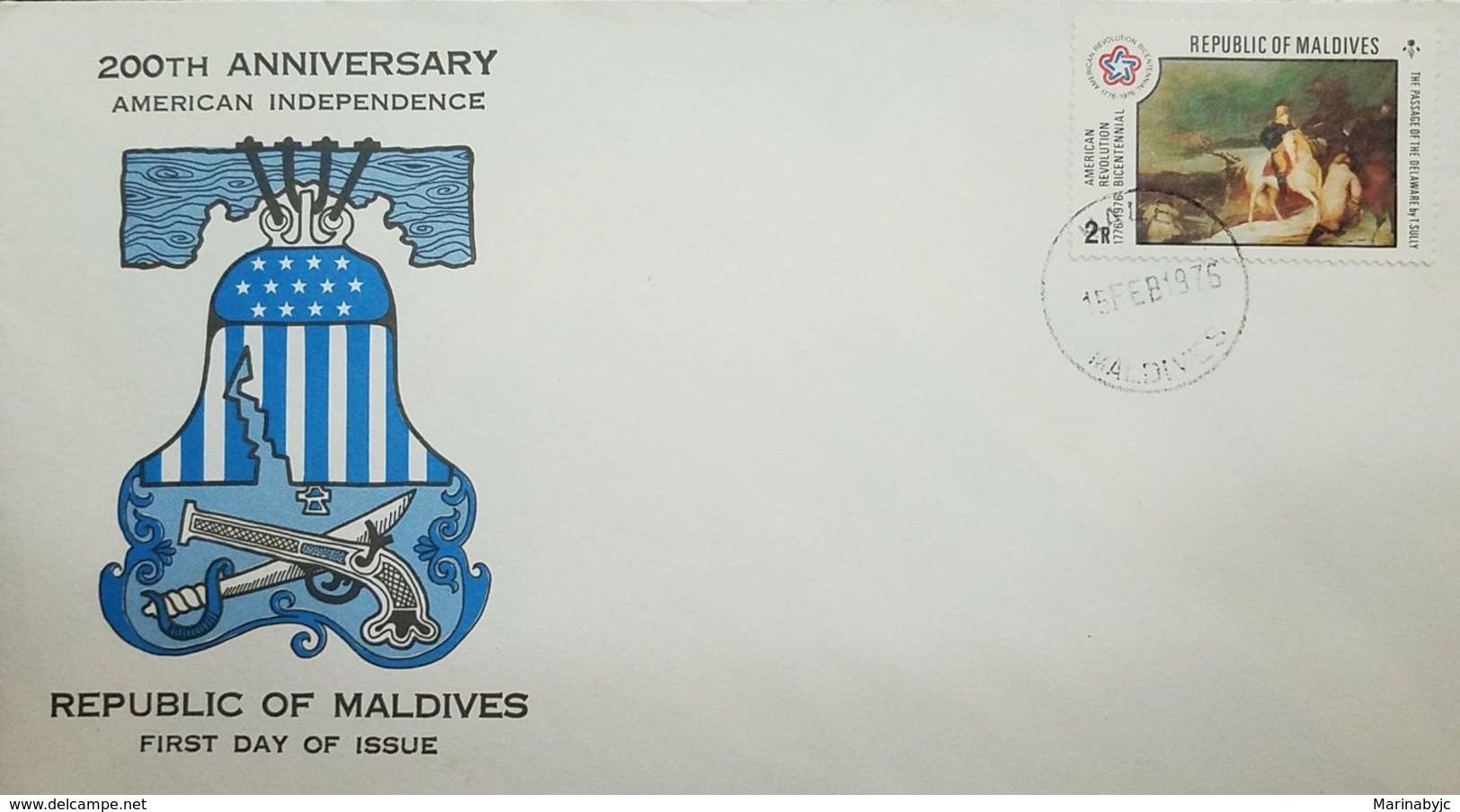 L) 1976 MALDIVES,  AMERICAN REVOLUTION BICENTENNIAL 1776-1976, HORSE, BLUE, FDC - Maldives (1965-...)