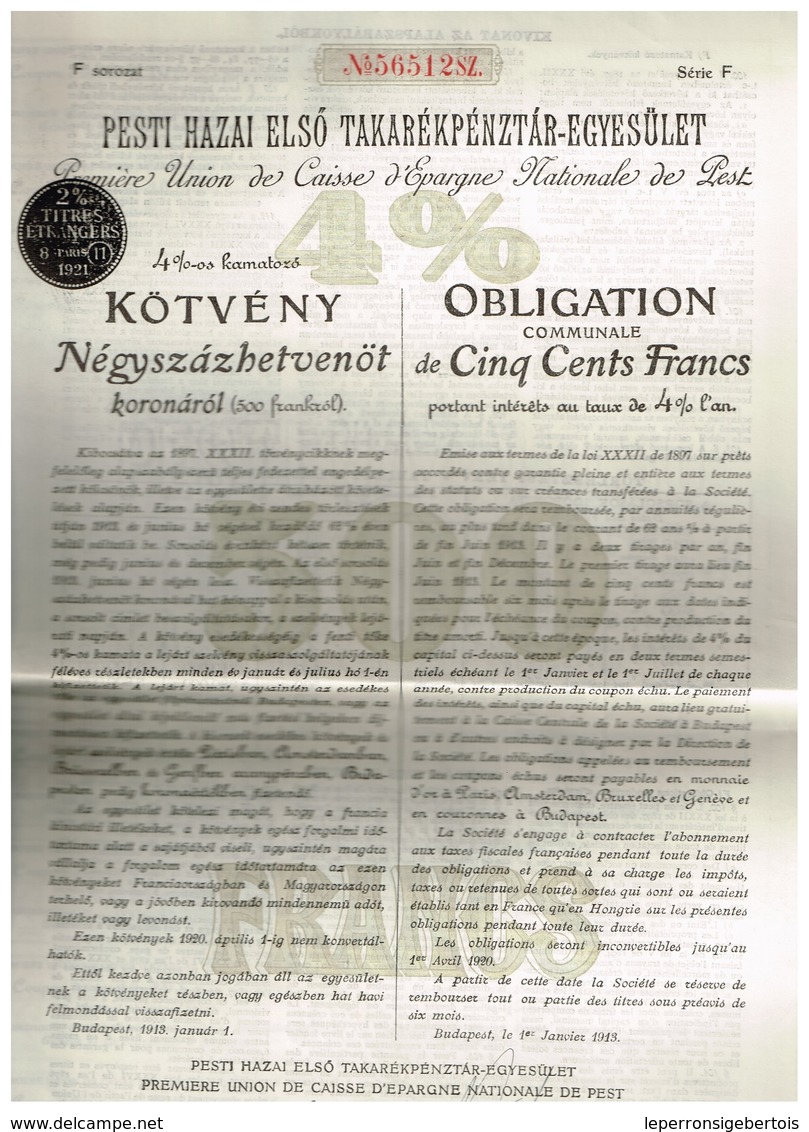 Obligation Ancienne - Première Union De Caisse D Epargne Nationale De Pest - Titre De 1913 - P - R