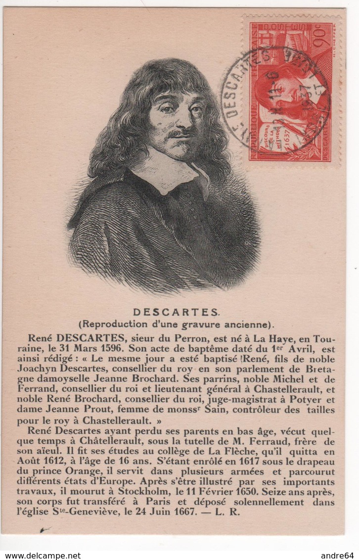 Carte Maximum Avec N°342 Descartes Oblit La Haye Descartes 11/6/37 Cote Yvert : C4  180E - 1930-1939