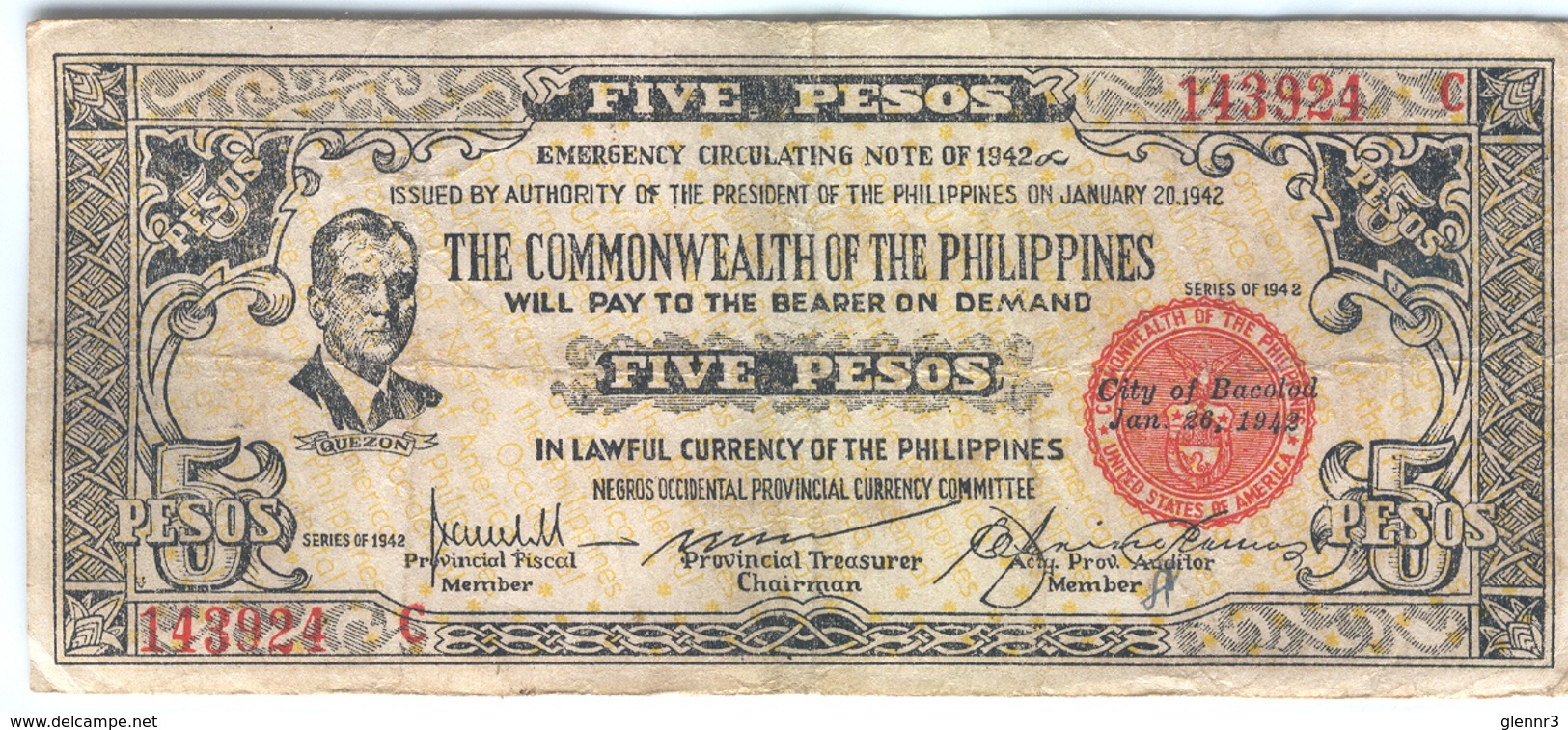 PHILIPPINES Emergency Circulating Note S648 1942 5 Pesos Used - Filippine