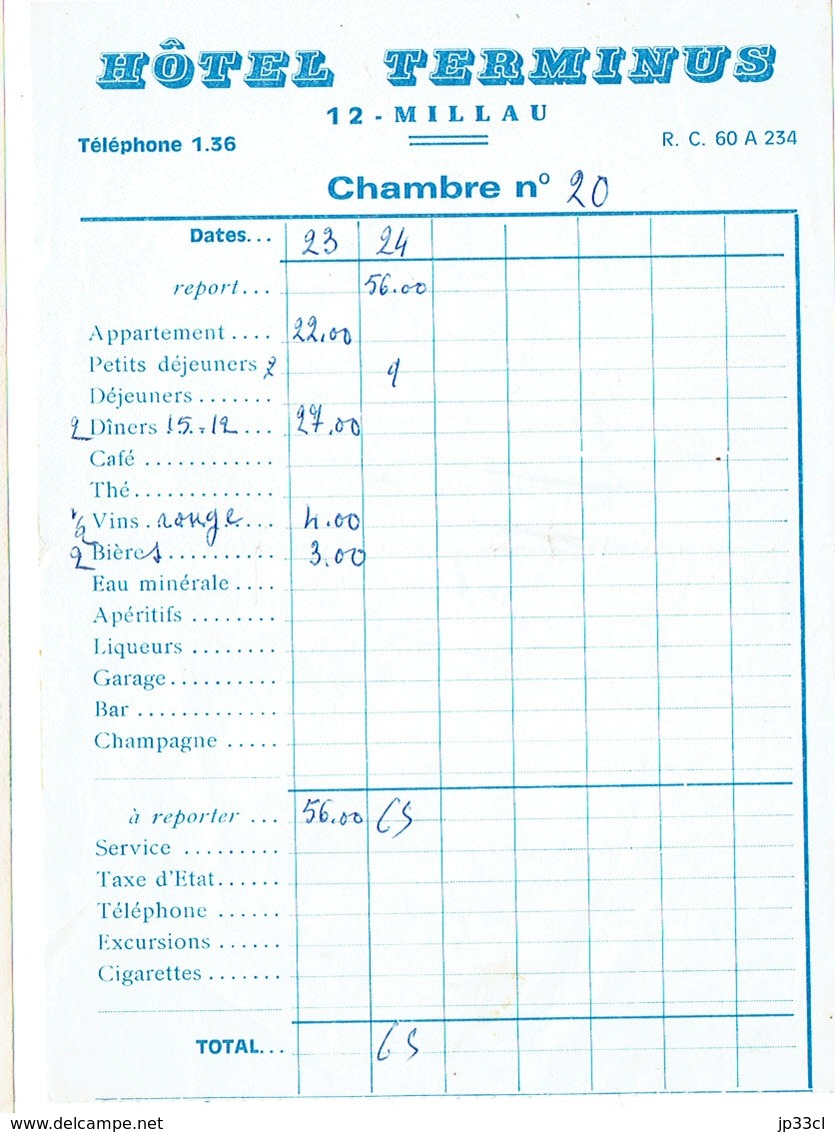 Ancienne Facture De L'Hôtel Terminus, Millau (vers 1975) - Sports & Tourism