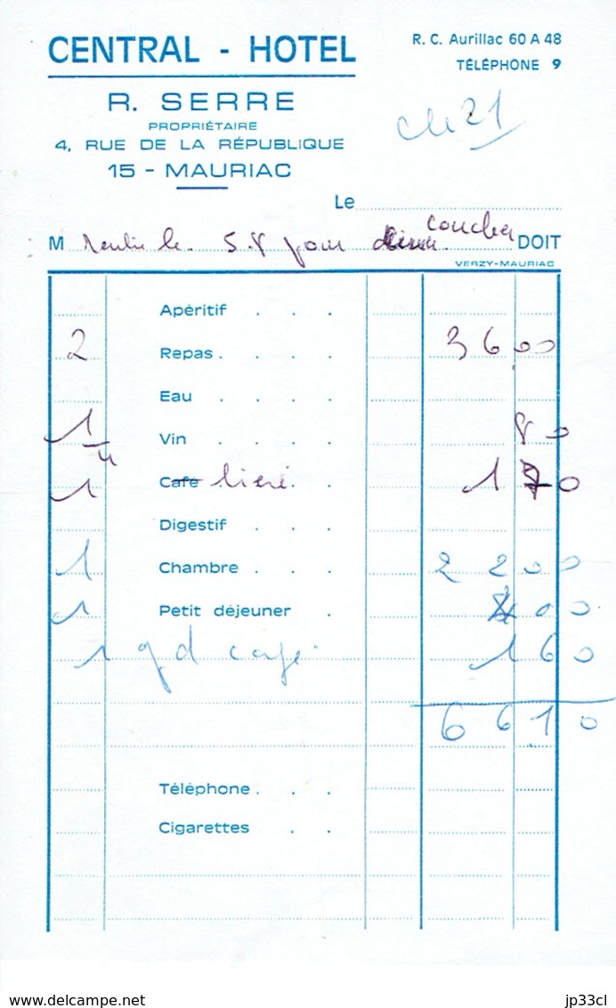Ancienne Facture Du Central - Hôtel, R. Serre, Rue De La République, Mauriac (5/8/1972) - Sports & Tourism