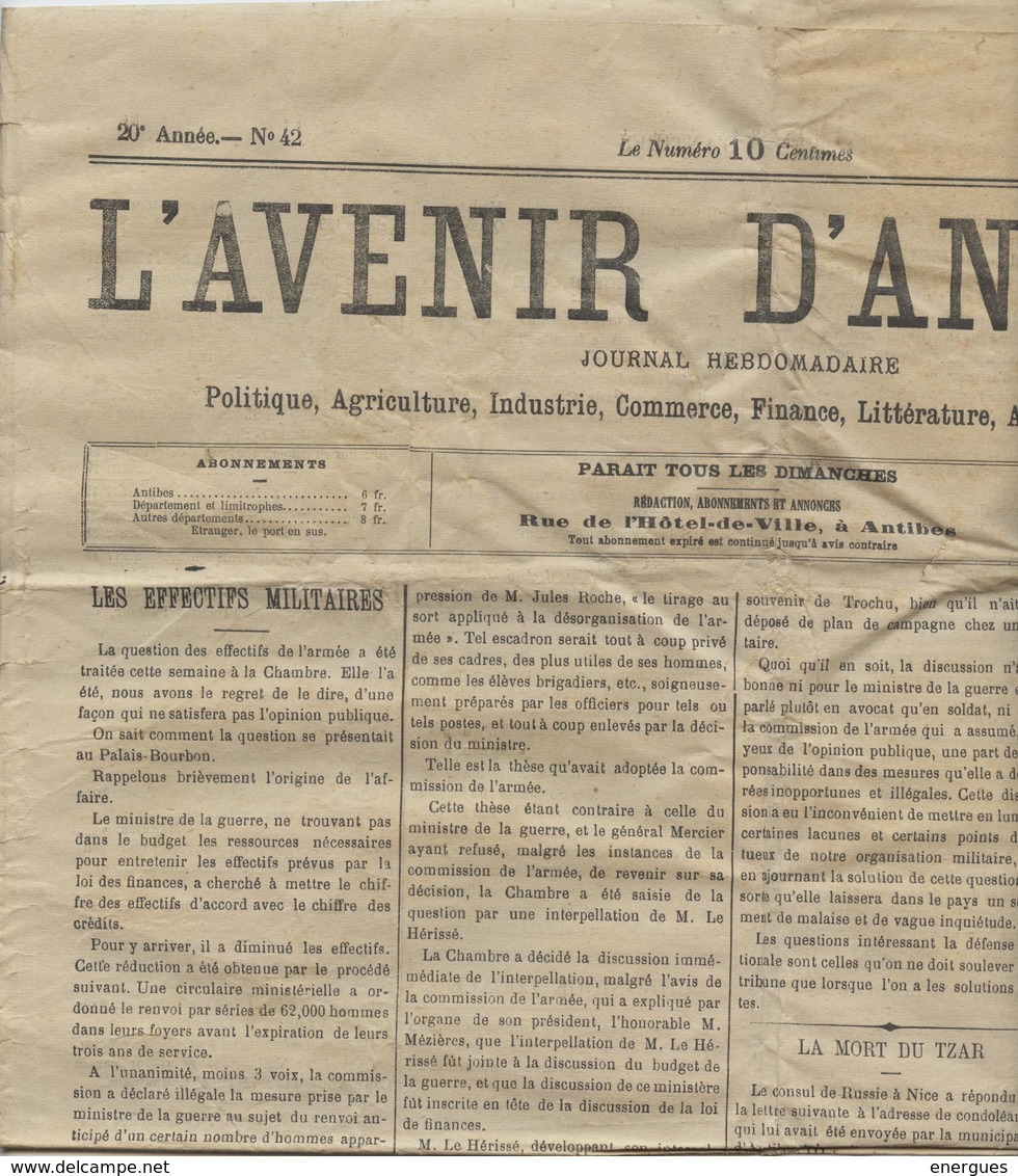 Journal, L'Avenir D'Antibes,1894, Mort Du Tsar Alexandre III,fête Donnée Par La Vicomtesse De Bernis, Vente à Vallaursi - 1850 - 1899