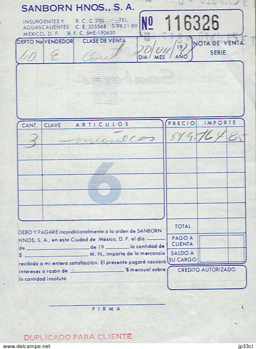 Ancienne Facture Du Magasin Sanborn Hnos S.A., Mexico (Mexique) (20/07/1974) - Andere & Zonder Classificatie