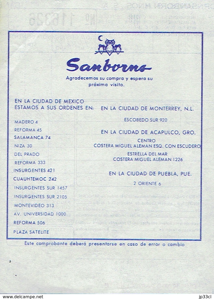 Ancienne Facture Du Magasin Sanborn Hnos S.A., Mexico (Mexique) (20/07/1974) - Andere & Zonder Classificatie