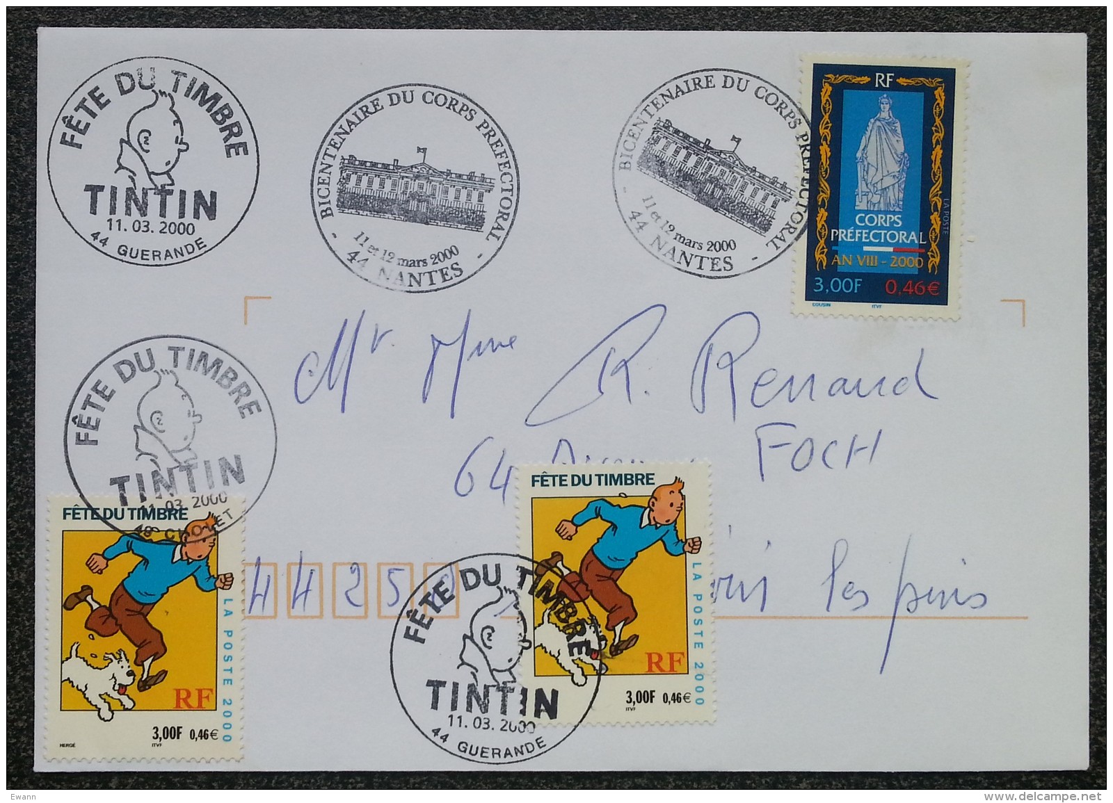 FDC 2000 - YT N°3300, 3303 - CORPS PREFECTORAL / TINTIN / FETE DU TIMBRE - NANTES / GUERANDE / CHOLET - 2000-2009