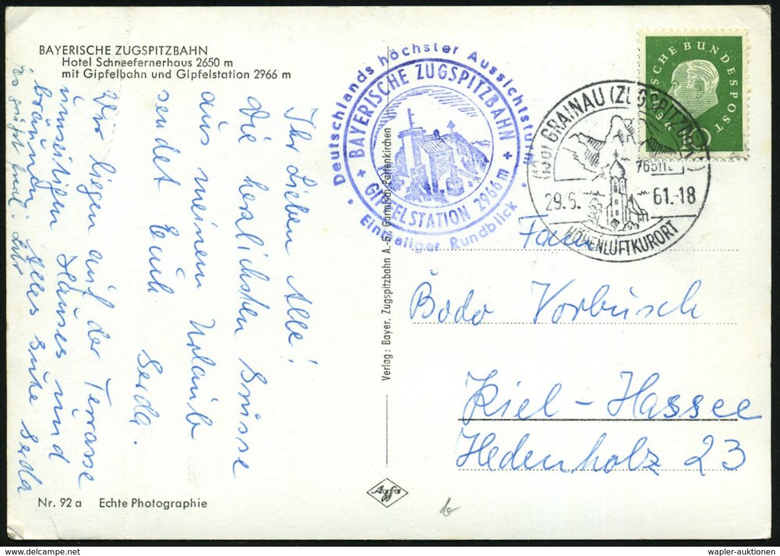 1961 (29.5.) (13 B) GRAINAU ZUGSPITZDORF, Handwerbestempel + HdN: BAYERISCHE ZUGSPITZBAHN/  GIPFELSTATION.. (Seilbahn) A - Sonstige & Ohne Zuordnung