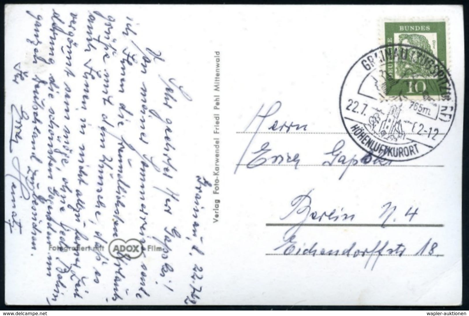 1962 (22.7.) GRAINAU ZUGSPITZDORF, Seltener Handwerbestempel Mit Entfernter PLGZ (Einführung Neuer Postleitzahlen) , S/w - Sonstige & Ohne Zuordnung