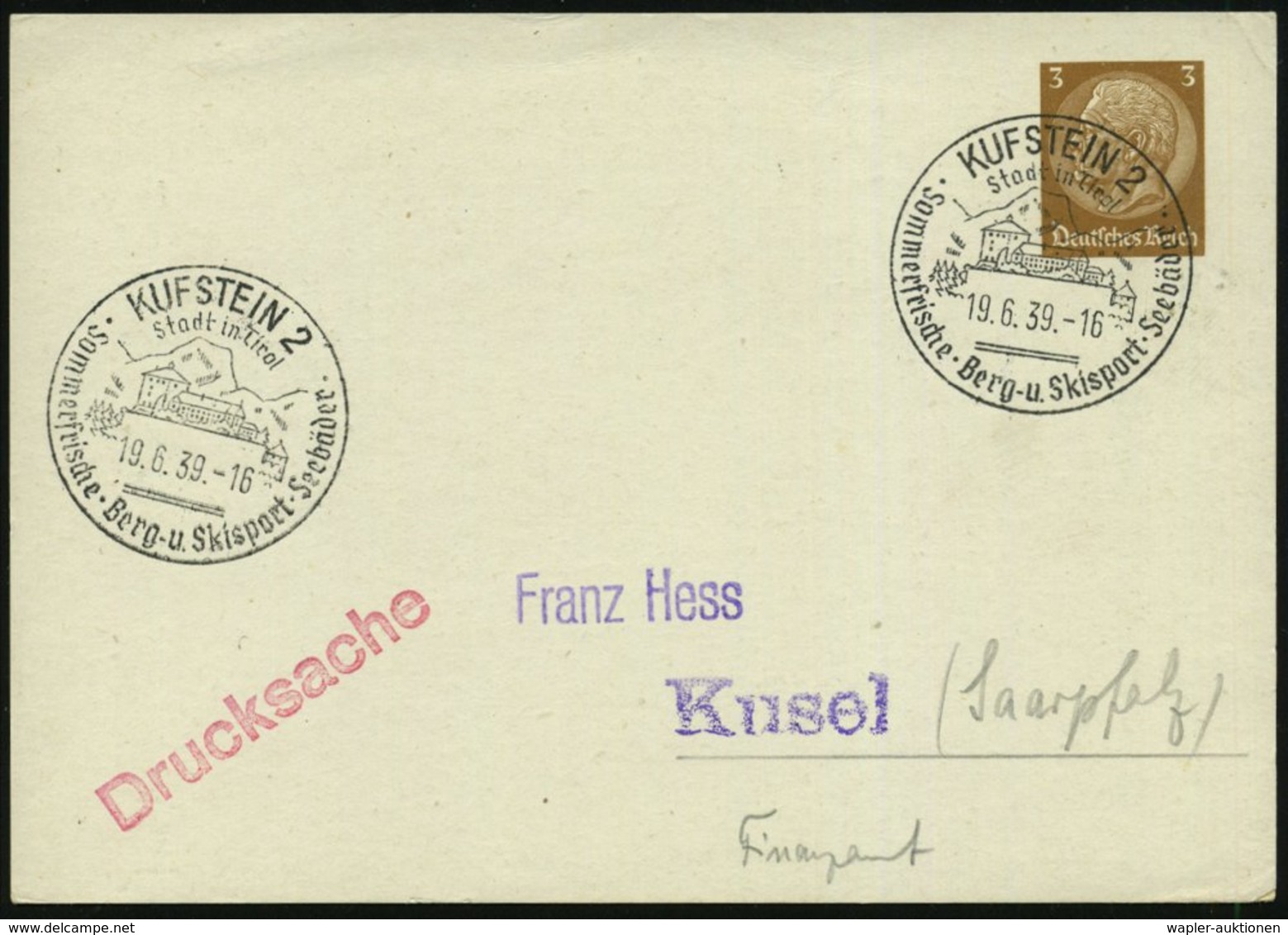 1939 (19.6.) , KUFSTEIN 2, Handwerbestempel (= Festung Geroldseck) Auf PP 3 Pf. Hindenbg. (Bo. 1 II = Erstjahr! = "Ostma - Other & Unclassified