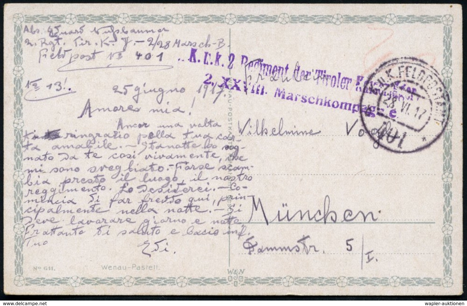1917 (28.6.) , Feldpostkarte Tiroler Kaiserjäger (Marschkompagnie), Feldpostamt 401 Auf Feldpost-Ak. - Alpen / The Alps  - Sonstige & Ohne Zuordnung