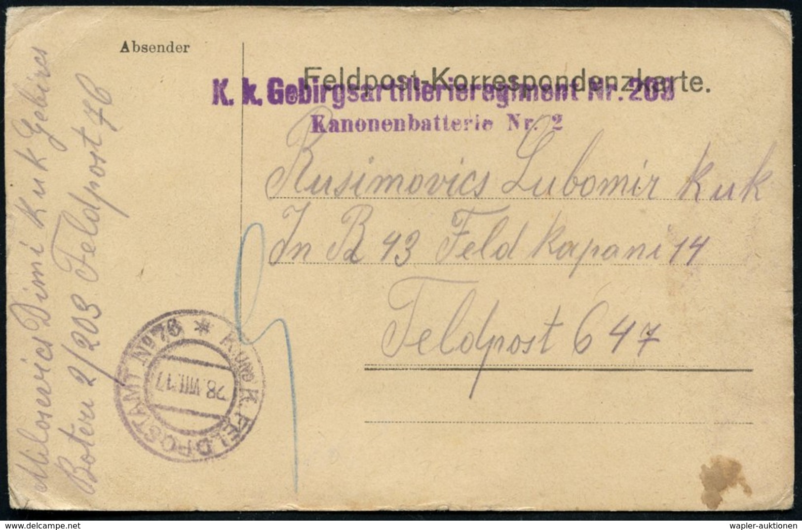 1917 (28.8.) , Feldpostkarte Gebirgsartillerieregiment Nr. 203, Feldpostamt 76 Auf Feldpost-Kt., Kyrillischer Text! - Al - Andere & Zonder Classificatie