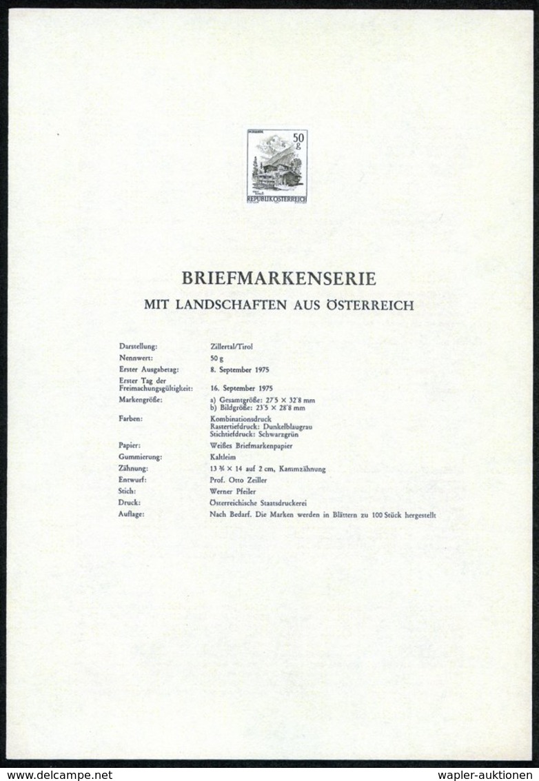 1975 (Sept..) , 50 G. Ungez. Schwardruck Zillertal (Tirol) Auf Amtl. Ankündigungsblatt Der Staatsdruckerei (Mi.1475 U S) - Autres & Non Classés