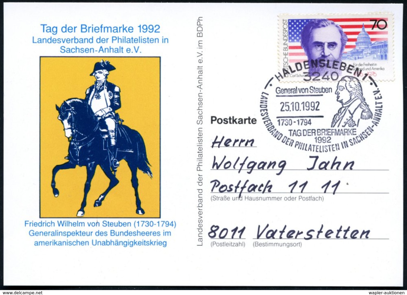 1992 (25.10.) , Haldensleben, Sonderstempel (General Steuben) Auf Passender Sonderkarte - Amerikanische Geschichte / Ame - Andere & Zonder Classificatie