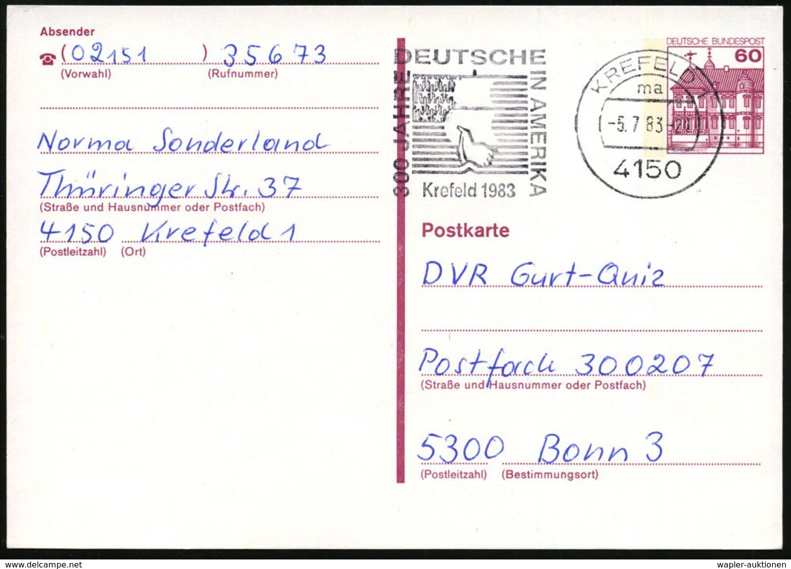 1983 (Juli) 4150 Krefeld, Maschinenwerbestempel Auf Bedarfskarte (Bo.71 A I) - Amerikanische Geschichte / American Histo - Sonstige & Ohne Zuordnung