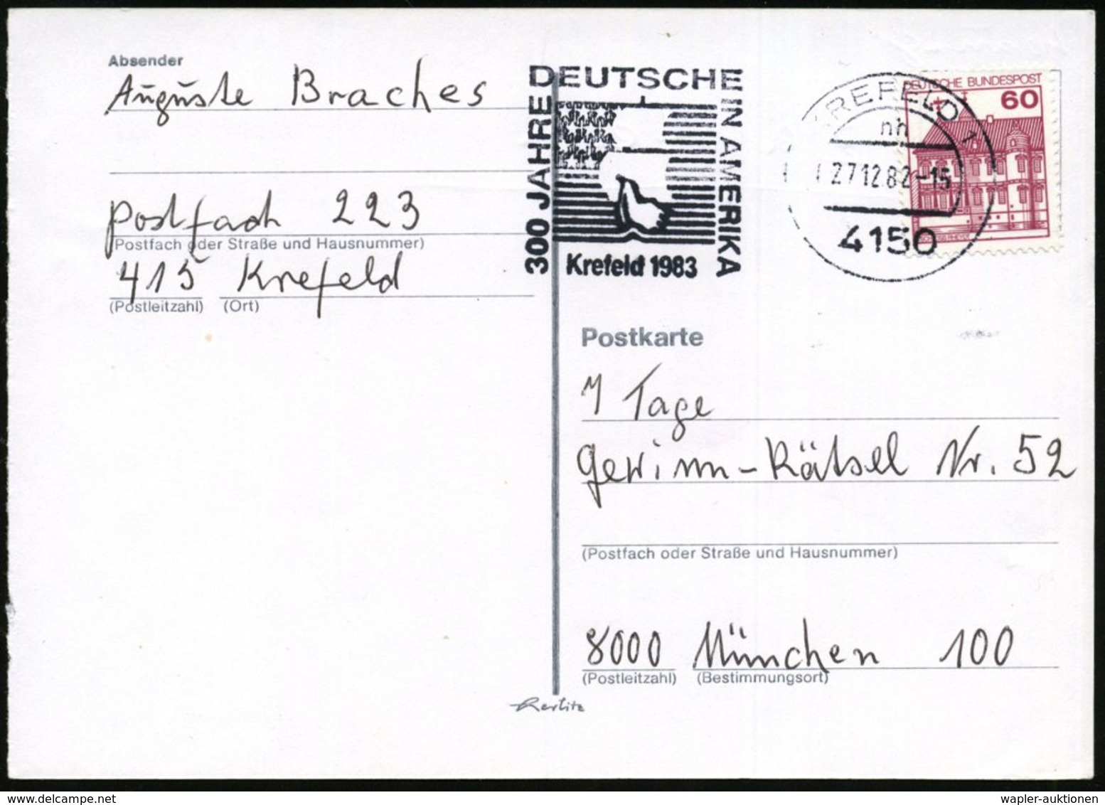 1982 , 4150 Krefeld, Maschinenwerbestempel Auf Bedarfskarte (Bo.71 A II = UB "nh") - Amerikanische Geschichte / American - Autres & Non Classés
