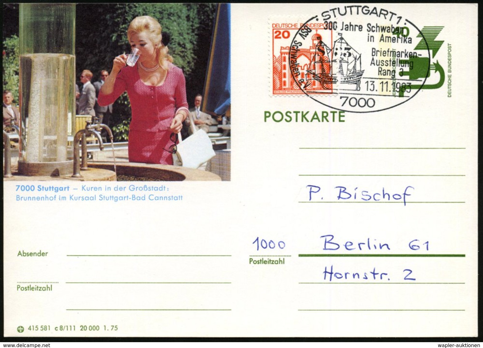 1983 (13.11.) , 7000 Stuttgart 1, Sonderstempel "300 Jahre Schwaben In Amerika" (Segelschiff "Concord") Inl.-Karte (Bo.8 - Altri & Non Classificati