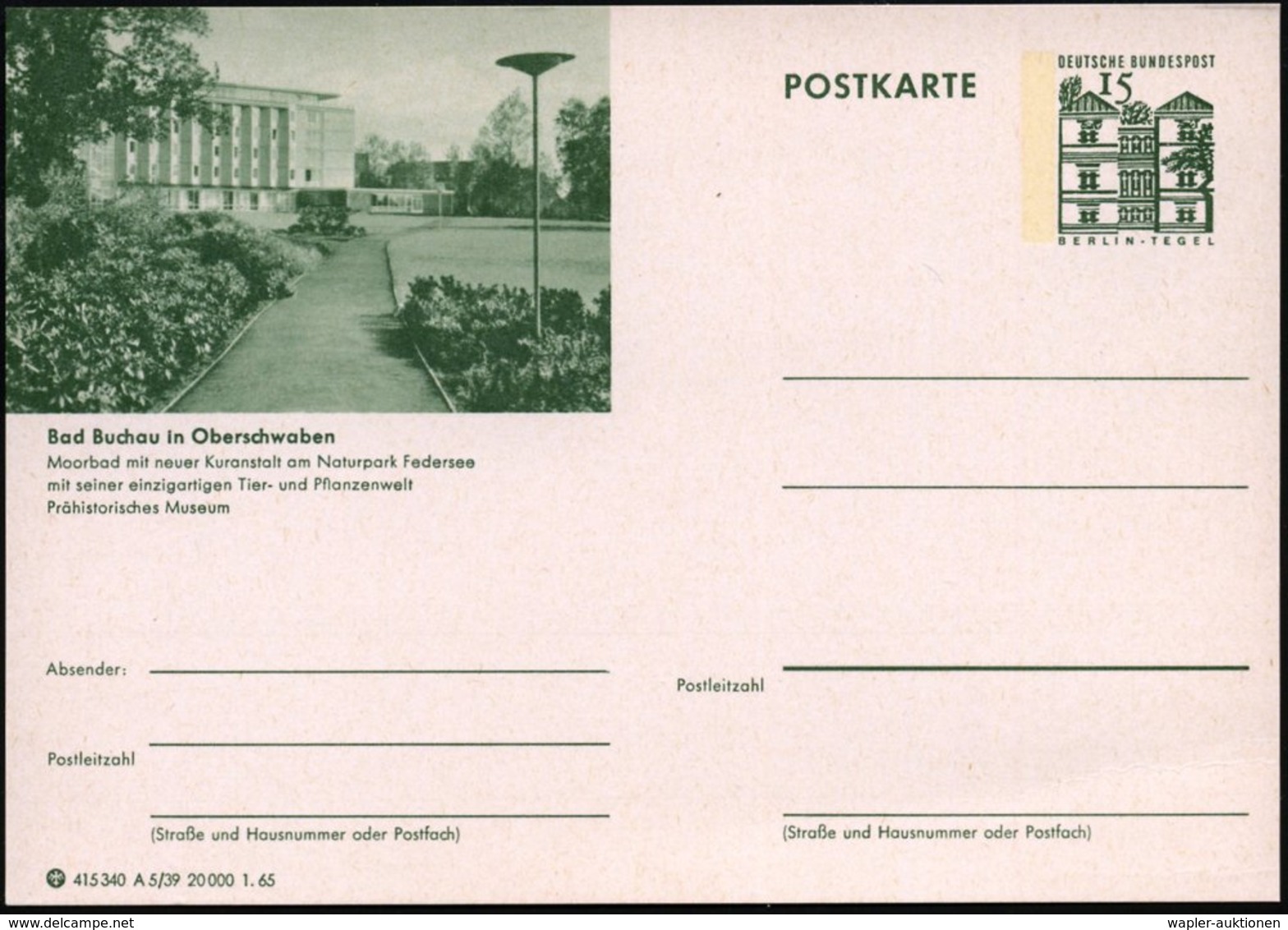 1965 Bad Buchau, 15 Pf. Bildpostkarte: Prähistorisches Museum, Ungebr. (Mi.P 86) - Prähistorie / Prehistory / Préhistoir - Altri & Non Classificati