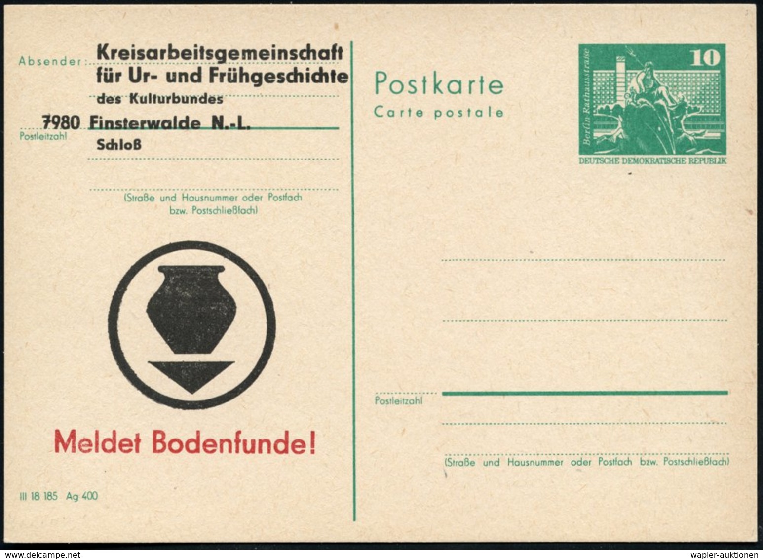 1980 7980 Finsterwald, Amtl. Ganzsache 10 Pf. Neptunbrunnen + Amtl. Zudruck (prähistor. Keramik), Ungebr. (Mi.PZD 79) -  - Other & Unclassified