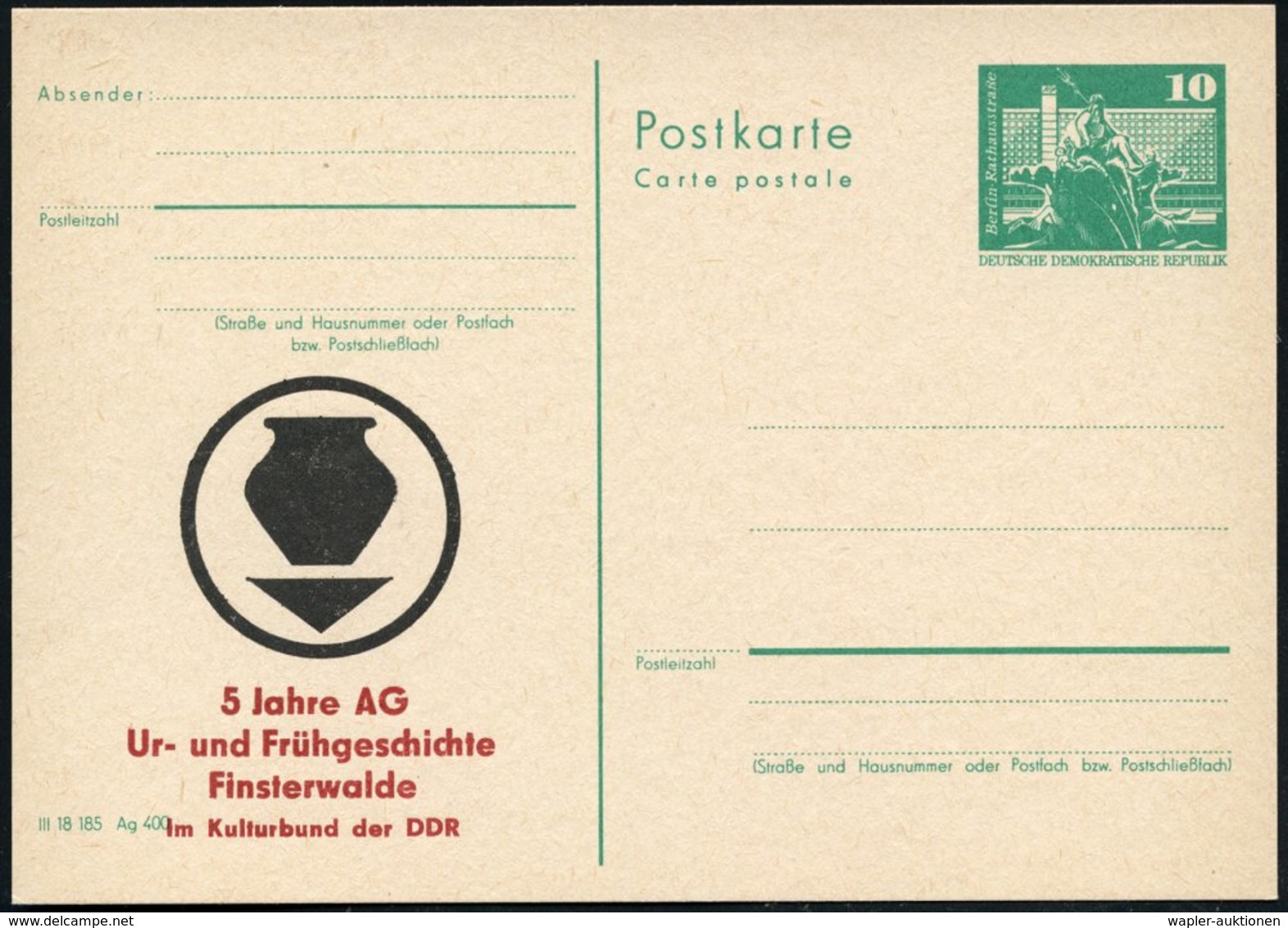 1980 7980 Finsterwald, Amtl. Ganzsache 10 Pf. Neptunbrunnen + Amtl. Zudruck (prähistor. Keramik), - Prähistorie / Prehis - Otros & Sin Clasificación