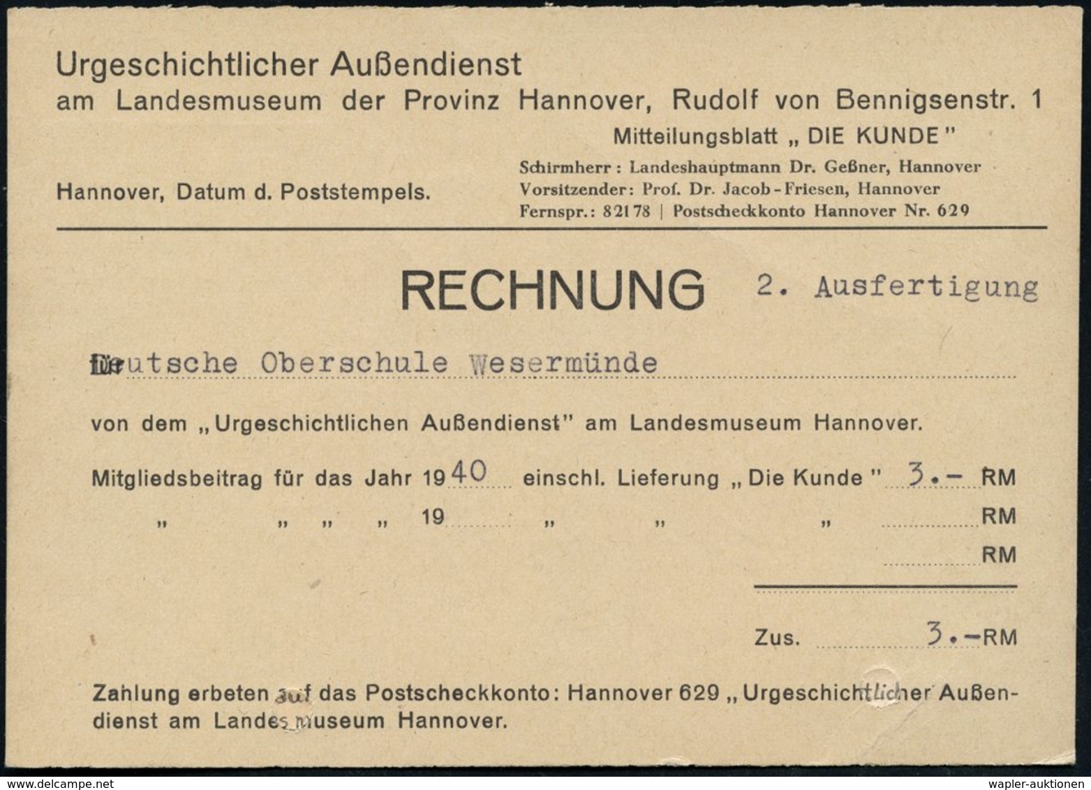 1940 (Dez) 3 Pf. Post-Freistempel Auf Vordruckkarte: Urgeschichtlicher Außendienst Landesmuseum Hannover (Reg.-Lochung G - Altri & Non Classificati