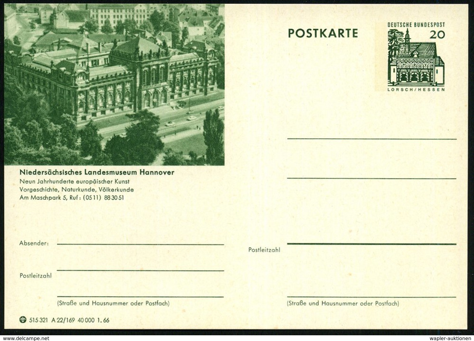 1966 HANNOVER, 20 Pf. Bildpostkarte Mit Niedersächs. Landesmuseum Für Vorgeschichte, Natur- U. Völkerkunde, Ungebr. (Mi. - Sonstige & Ohne Zuordnung