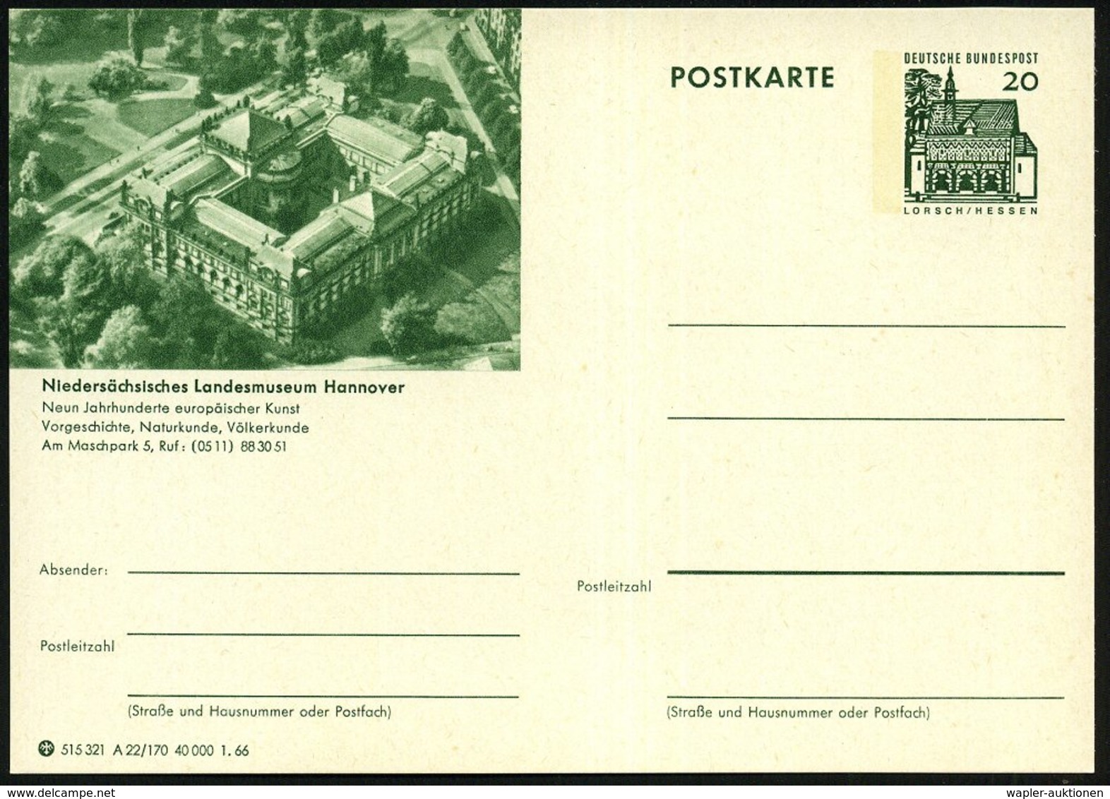 1966 HANNOVER, 20 Pf. Bildpostkarte Mit Niedersächs. Landesmuseum Für Vorgeschichte, Natur- U. Völkerkunde (Luftbild), U - Autres & Non Classés