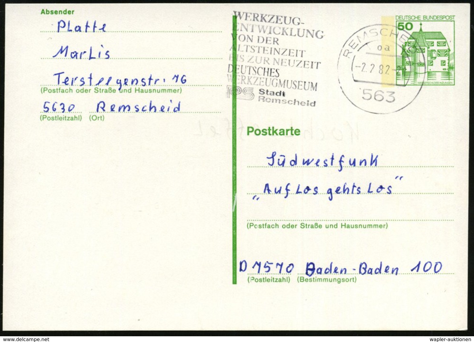 1982 (Juli) 563 REMSCHEID, Maschinen-Werbestempel Ausstellung Alt-Steinzeit, Bedarfs-Karte (Bo.44 A) - Prähistorie / Pre - Other & Unclassified