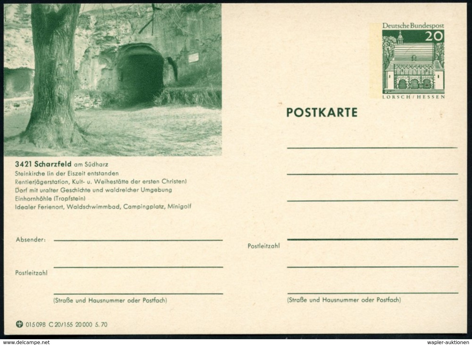 1970 3421 Scharzfeld, 20 Pf. Bildpostkarte ..in Der Eiszeit Entstandenen Rentierjägerstation (später Frühe Steinkirche), - Otros & Sin Clasificación