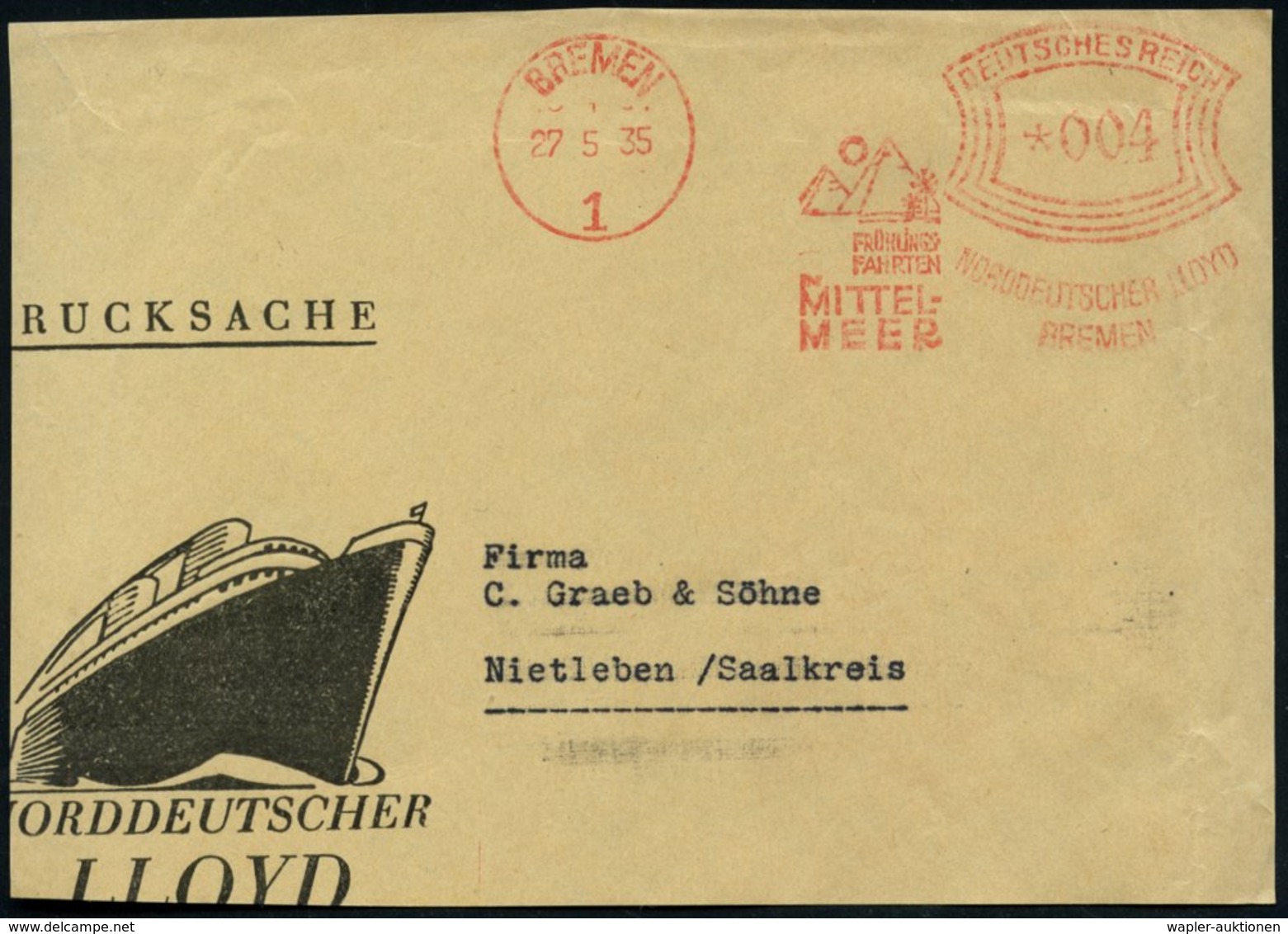 1935 (27.5.) Bremen 1, Absender-Freistempel (Reederei) Mit Pyramiden Von Gizeh, Bedarfs-Vorderseite - Alt-Ägypten, Assur - Autres & Non Classés