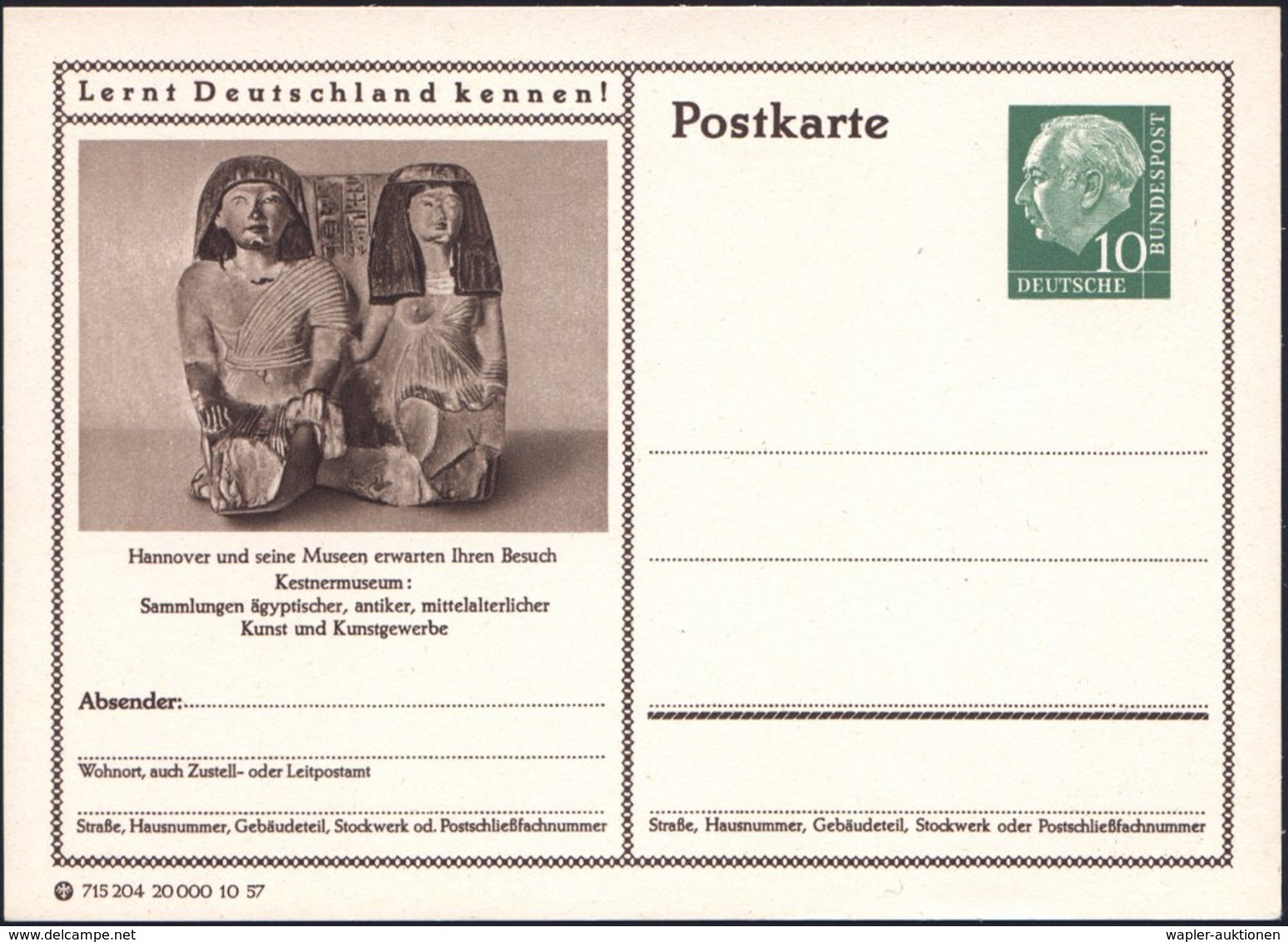 1957 Hannover, 10 Pf. Bildpostkarte Heuss I, Kestner-Museum Mit Alt-ägyptischer Skulptur , Ungebr. (Mi.P 24/295) - Alt-Ä - Other & Unclassified