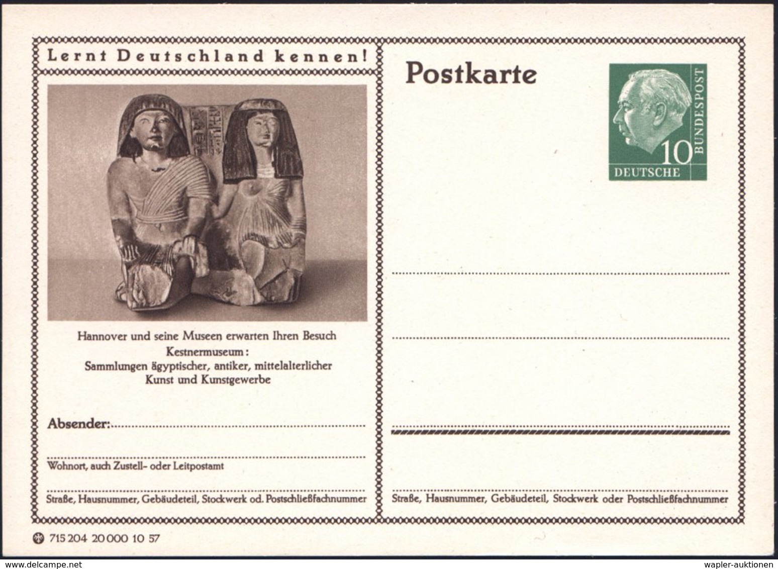 1957 Hannover, 10 Pf. Bildpostkarte Heuss I, Kestner-Museum Mit Alt-ägyptischer Skulptur , Ungebr. (Mi.P 24/295) - Alt-Ä - Sonstige & Ohne Zuordnung