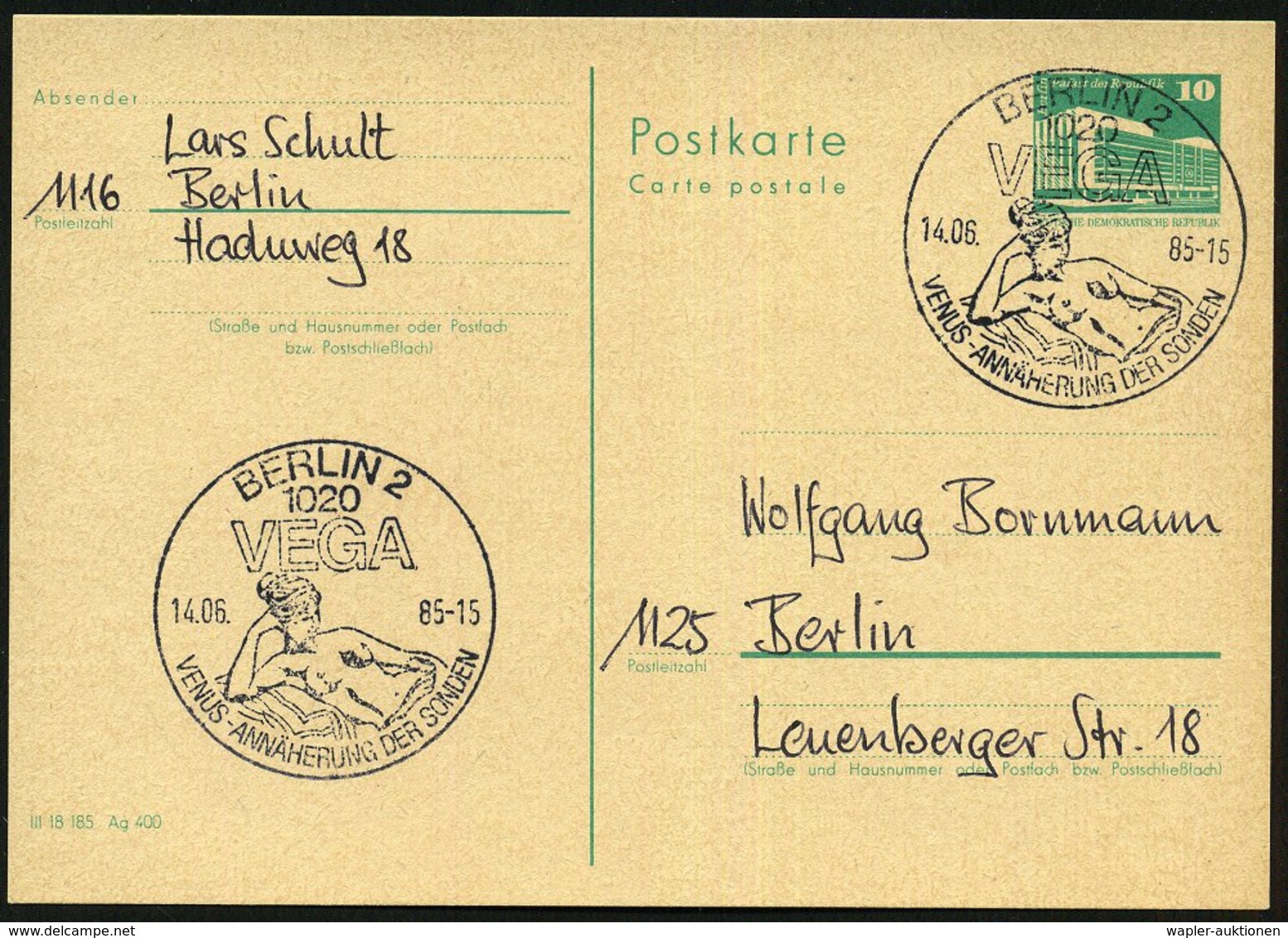 1985 (14.6.) 1020 Berlin 2, Sonderstempel Der Sowjet. Vega-Venus-Sonde Mit Halbnackter Venus, Inl.-Karte - Antike Griech - Otros & Sin Clasificación