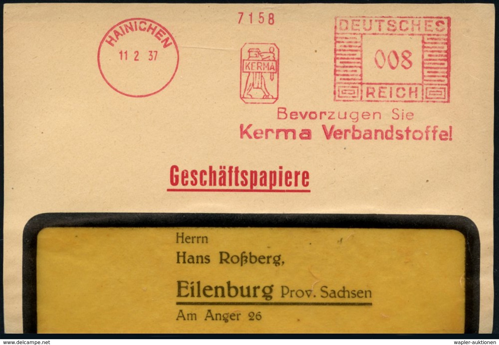 1937 (11.2.) HAINICHEN, Absender-Freistempel Kerma Verbandsstoffe, Kerma = Rache-Göttin, Teil-Vorderseite - Antike Griec - Other & Unclassified