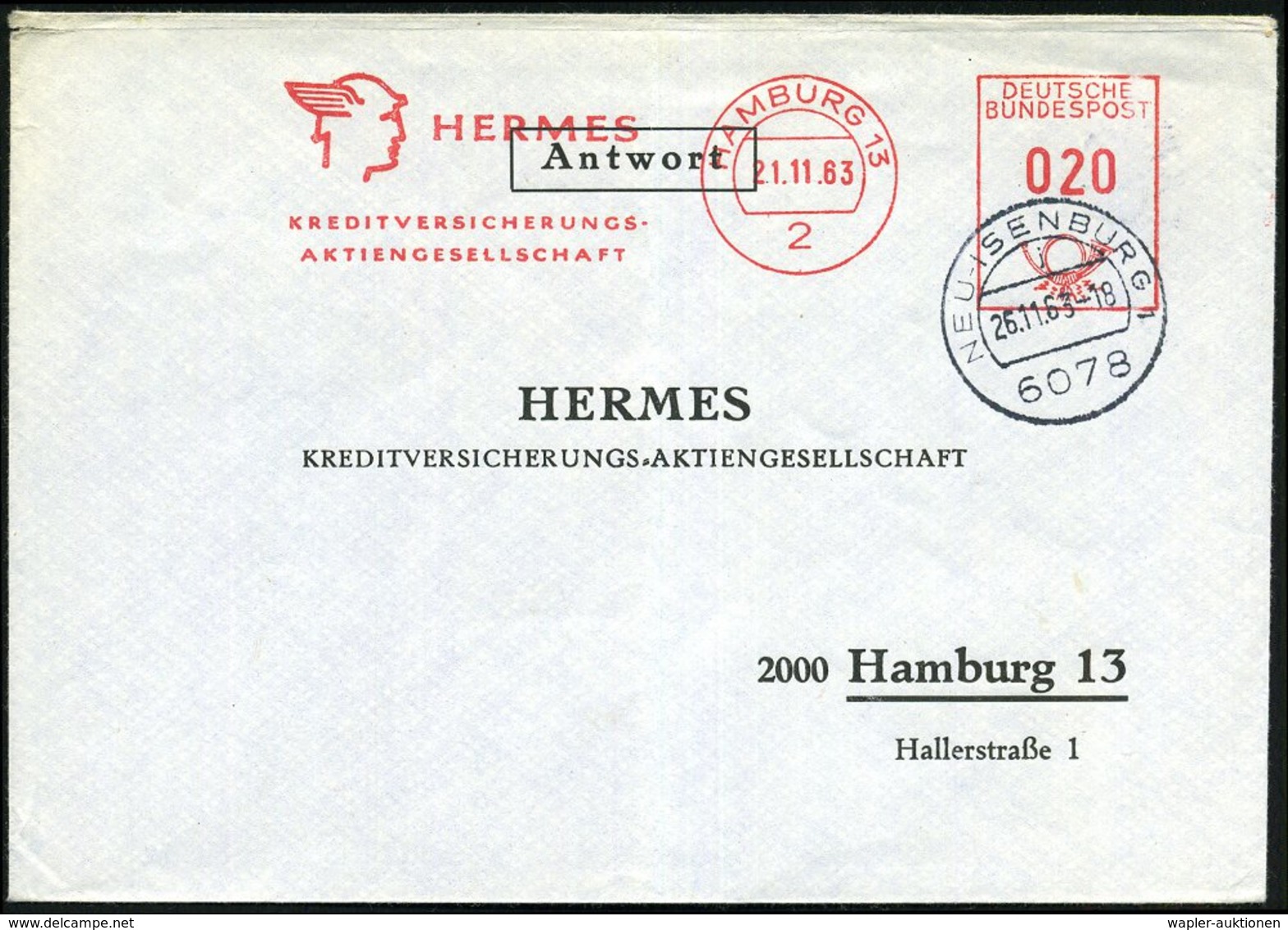 1963 2 HAMBURG 13, Absender-Freistempel Hermes-Kreditversicherung = Hermeskopf , (gefalteter) Antwort-Firmenbrief Mit Au - Other & Unclassified