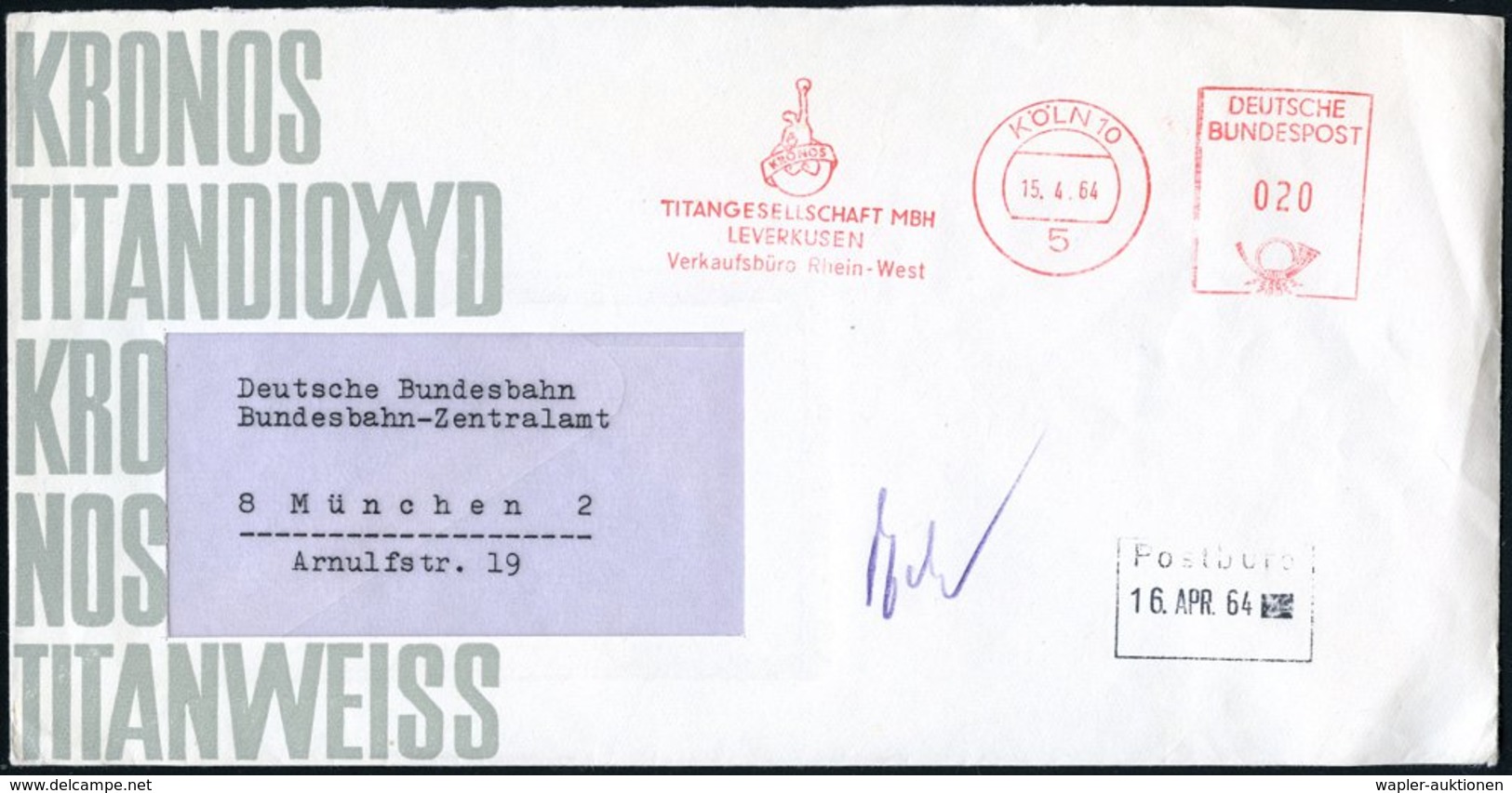 1964 (15.4.) 5 KÖLN 10, Absender-Freistempel Fa. Kronos-Titan Mit Kronos Auf Globus, Firmen-Bf. - Antike Griechische Und - Other & Unclassified