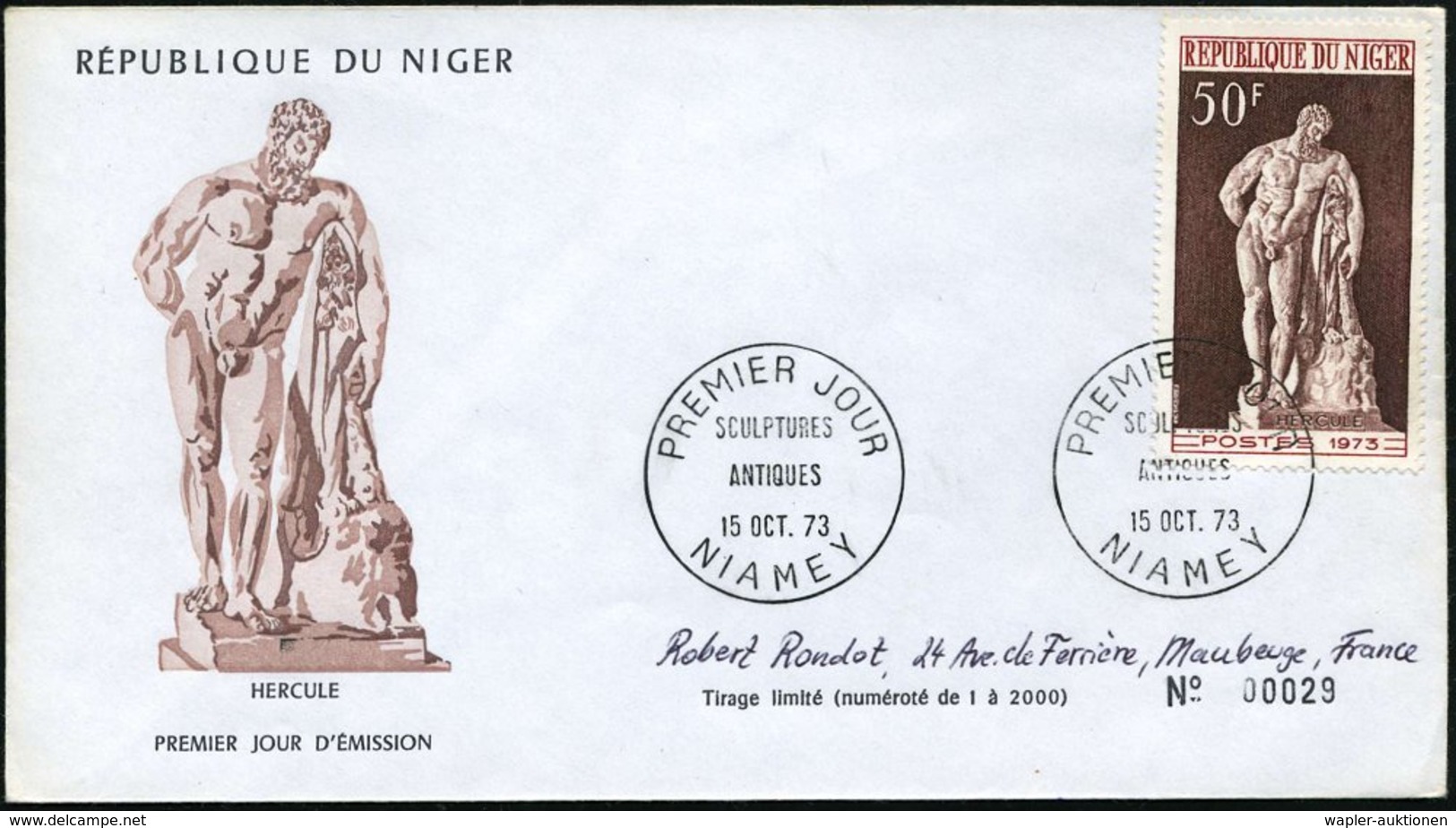 1973 (15.10.) NIGER, 50 F. Herkules/ Herakles Auf Motivgleichem Übersee-FDC (Mi.405 EF) - Antike Griechische Und Römisch - Other & Unclassified