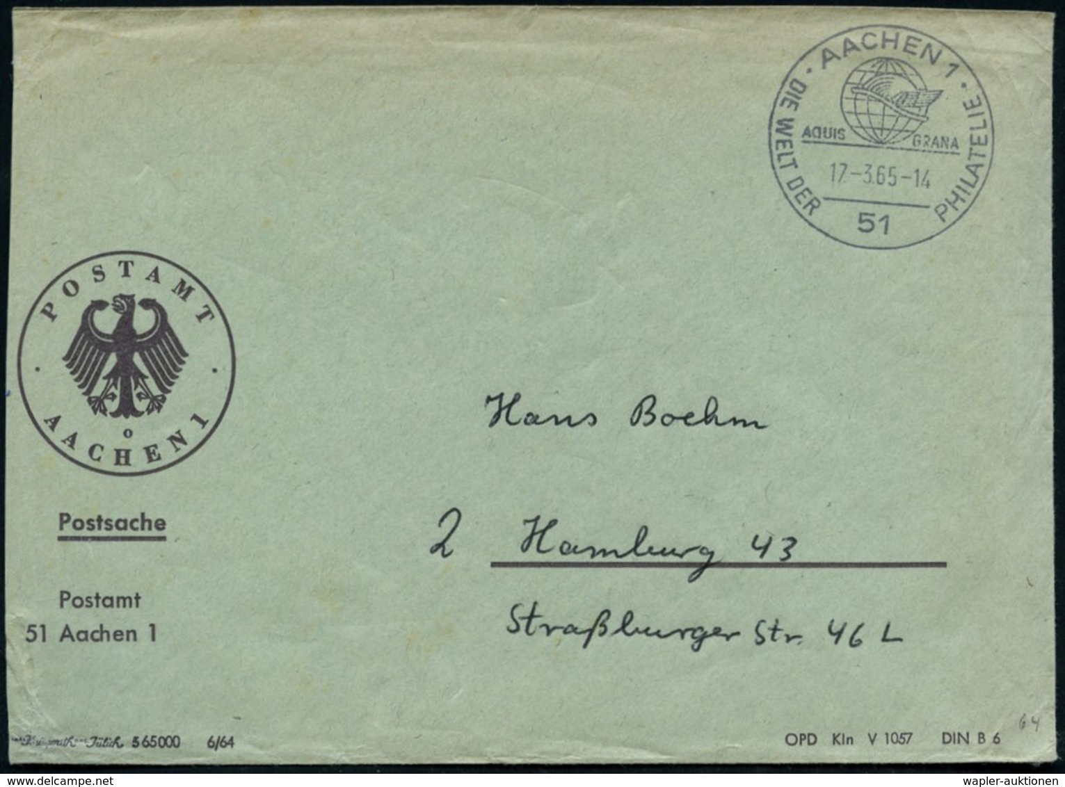 1965 (17.3.) 51 AACHEN 1, Sonderstempel "Aquis Grana" = Latein. Name Für Aaachen (Merkurhut Vor Globus), Markenloser Pos - Other & Unclassified