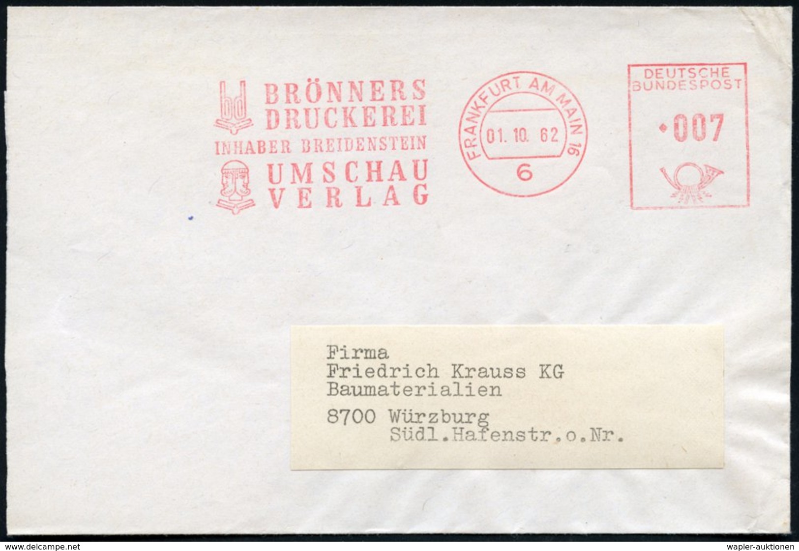 1962 6 FRANKFURT/ MAIN, Absender-Freistempel Umschau-Verlag = Kopf Des Röm. Gottes Janus, Teil-Brief - Römische Geschich - Other & Unclassified