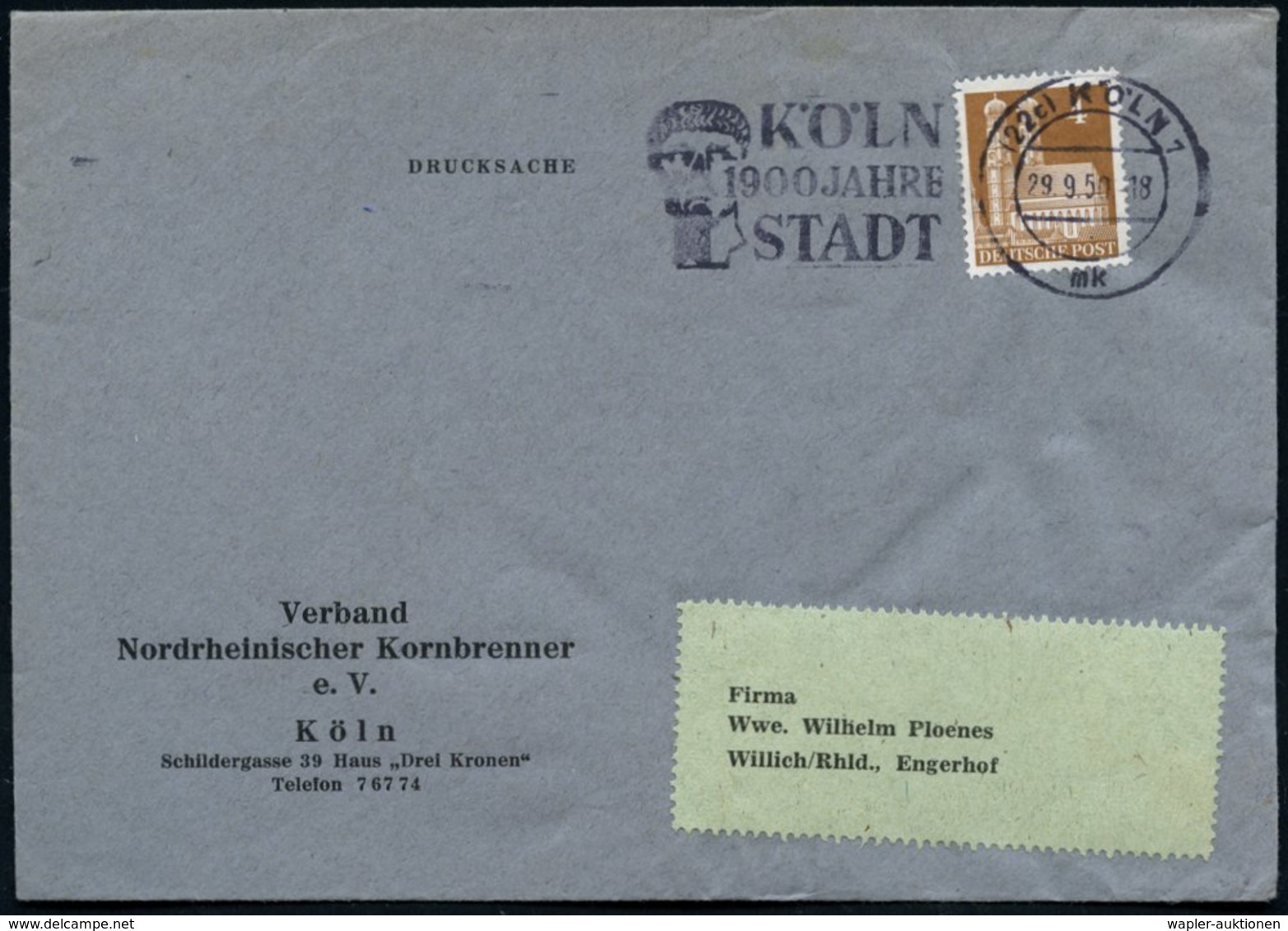 1950 (22 C) KÖLN 1, Maschinen-Werbestempel "1900 Jahre Köln" = Röm. Kopf, Firmenbrief (Bo.75 A IV = UB "mk") - Römische  - Sonstige & Ohne Zuordnung