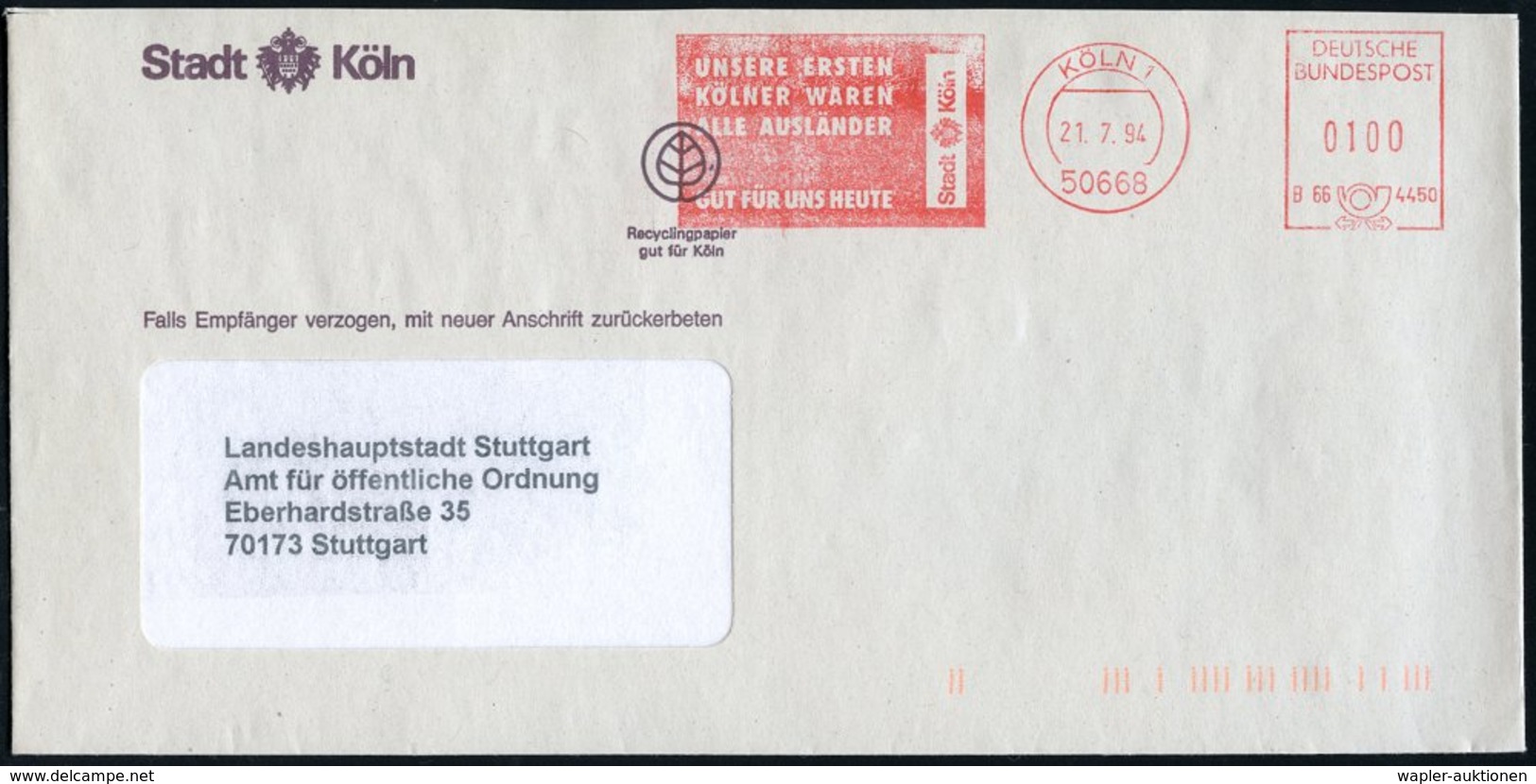 1994 50668 KÖLN 1, Kommunaler Absender-Freistempel (die Ersten Kölner Waren Römer), Kommunal-Brief - Römische Geschichte - Sonstige & Ohne Zuordnung